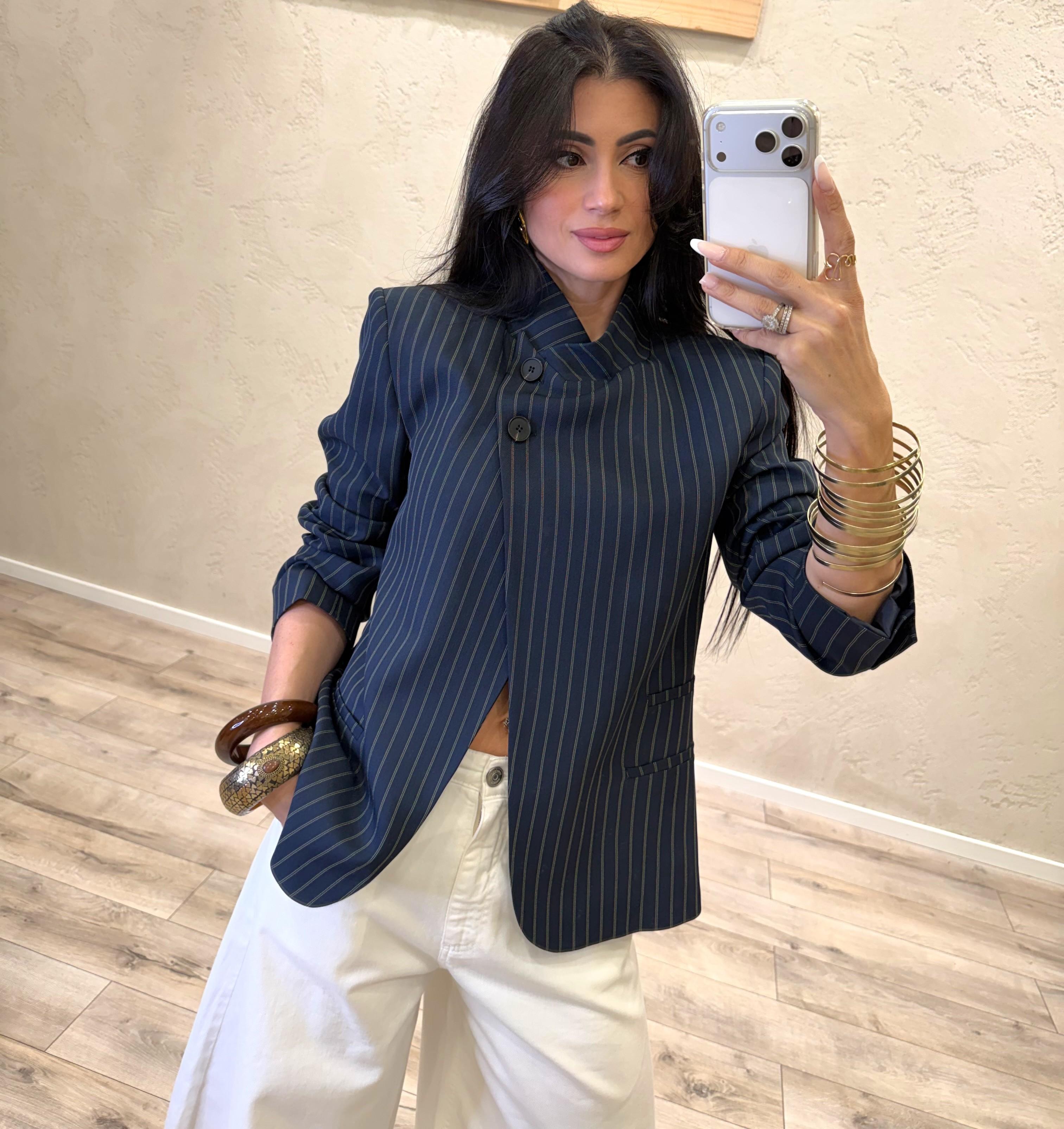 giacca gessata con collo alla coreana e chiusura asimmetrica JMN-Q096 BLU HAVEONE