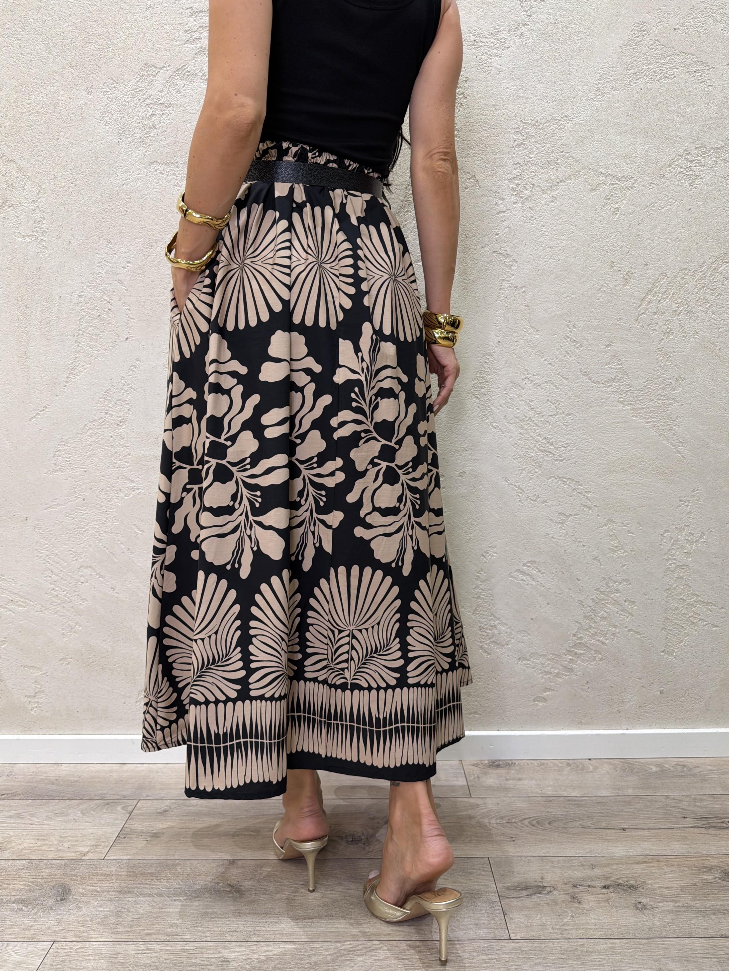 gonna lunga in cotone stampa floreale e cintura A19122 NERO/BEIGE SUSY MIX