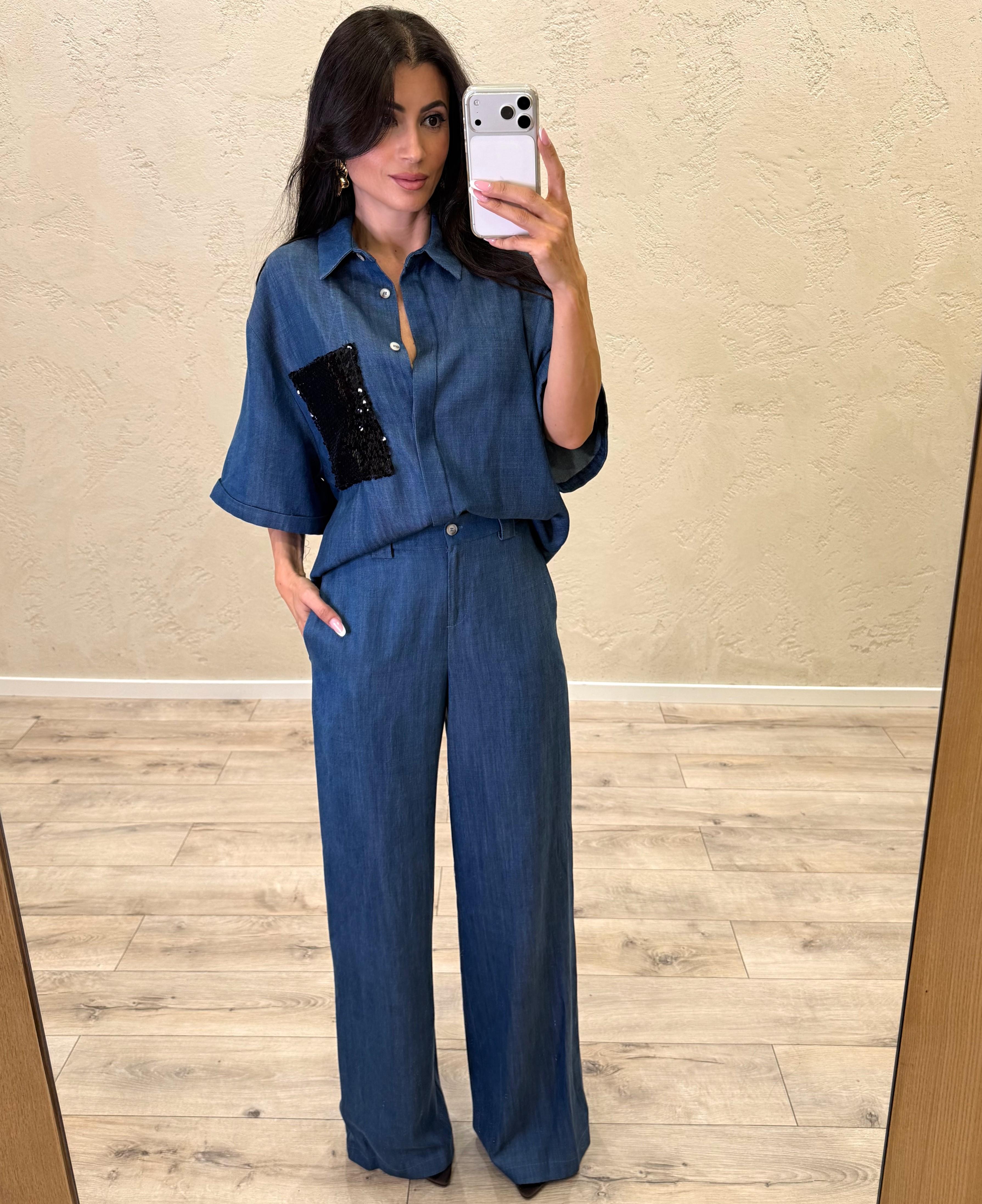 camicia in tela chambray e tasca pailettes 26C5144 DENIM BLU TENSIONE IN