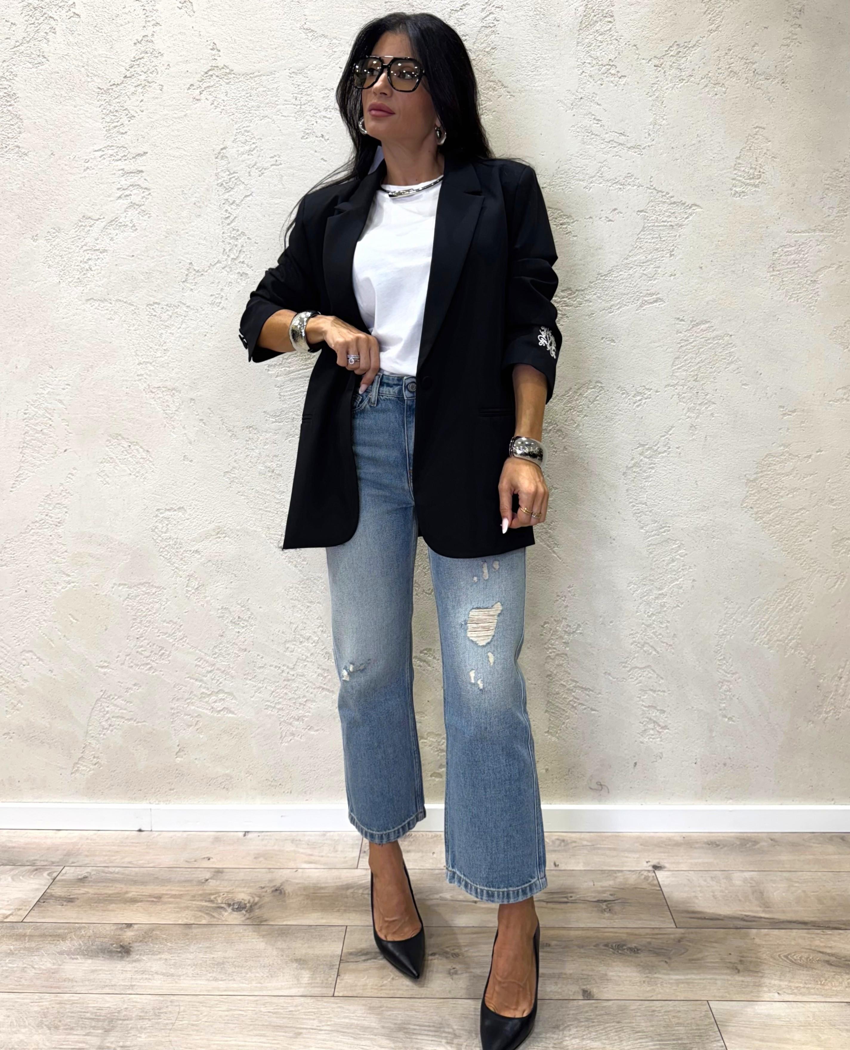 blazer over con ricamo sulla manica RF0235 NERO VICOLO