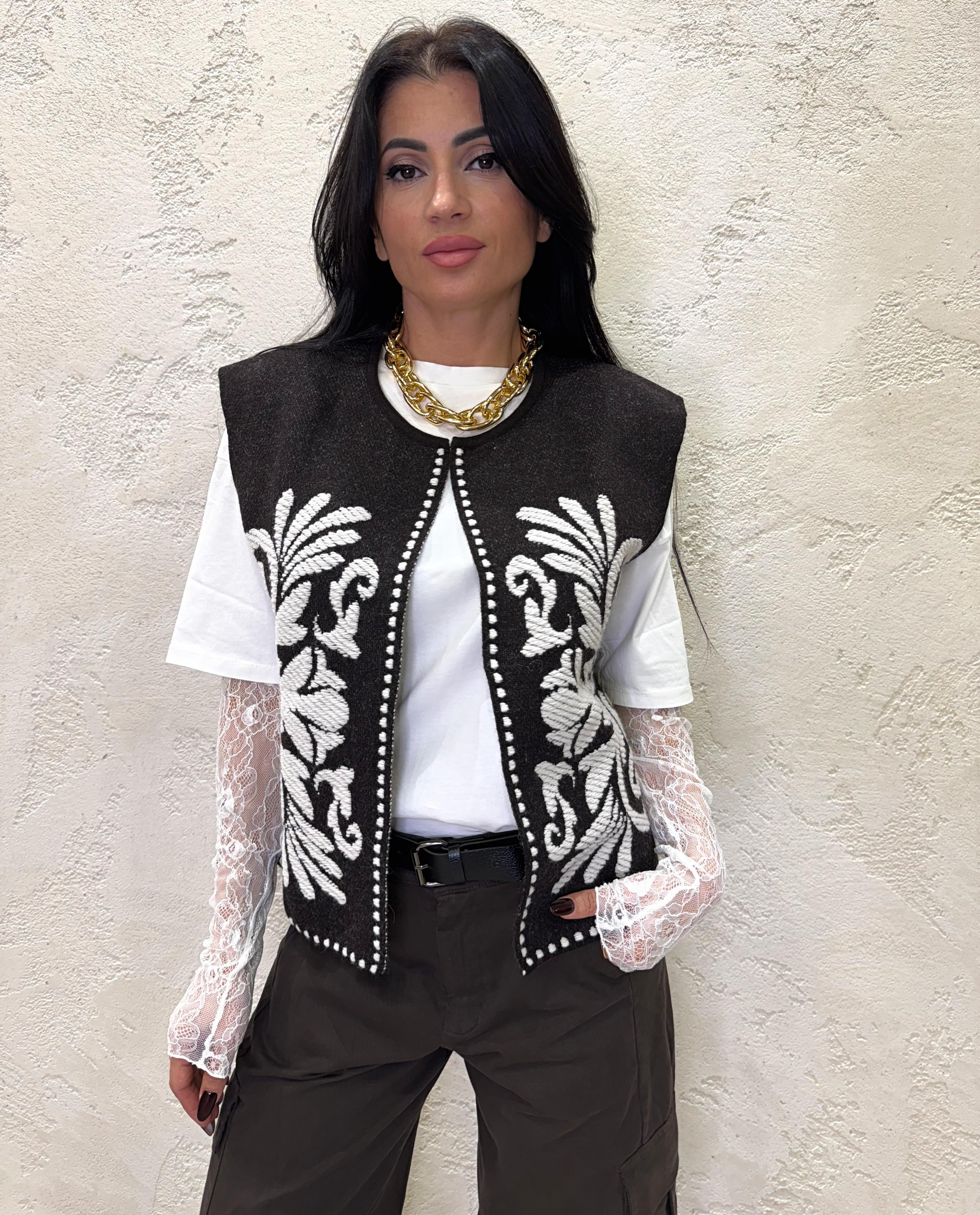 gilet in misto lana e alpaca con ricamo WSHMG35A400 MORO TENSIONE IN