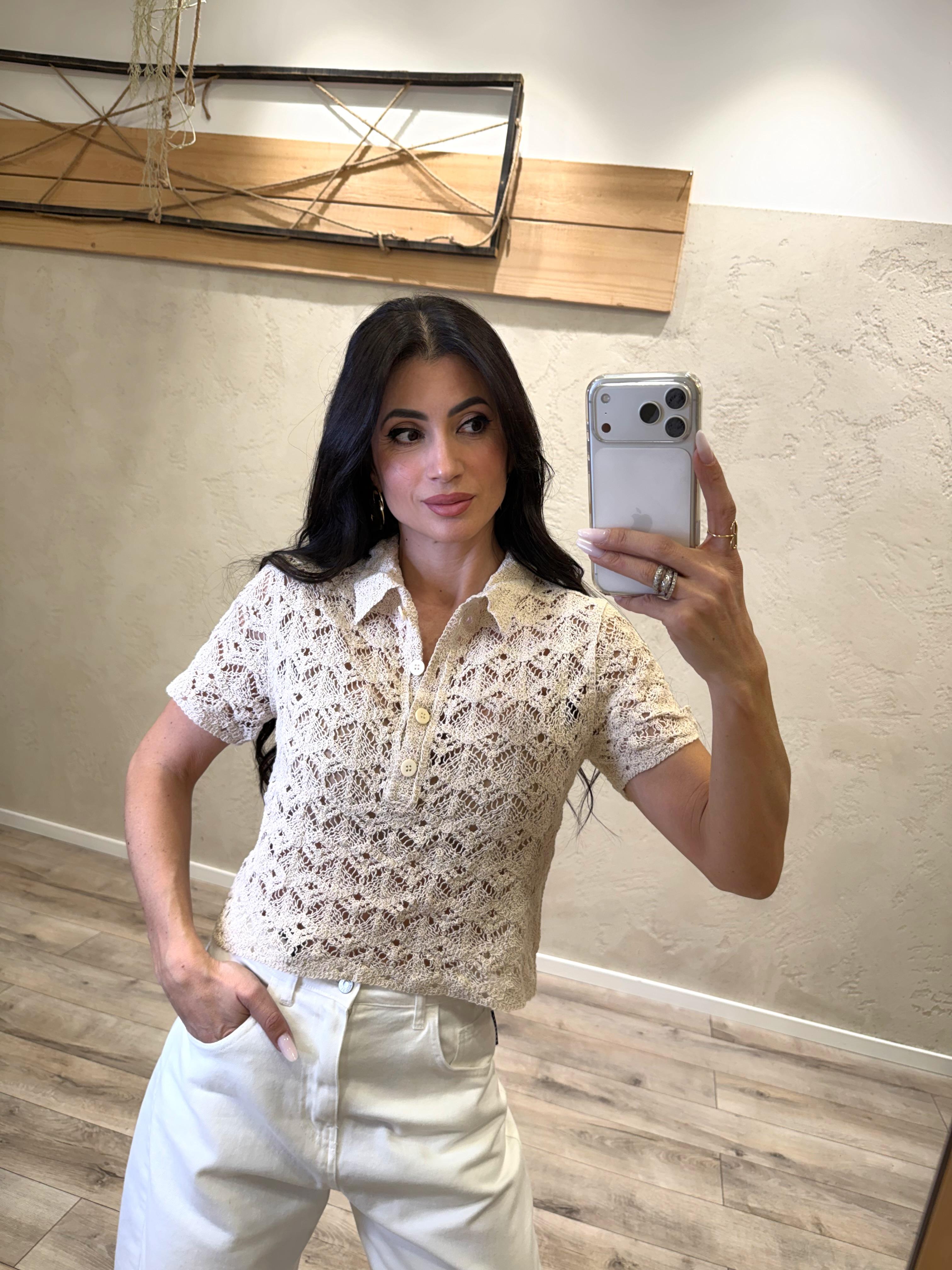 polo crop in tessuto crochet 2638033 LATTE SUSY MIX