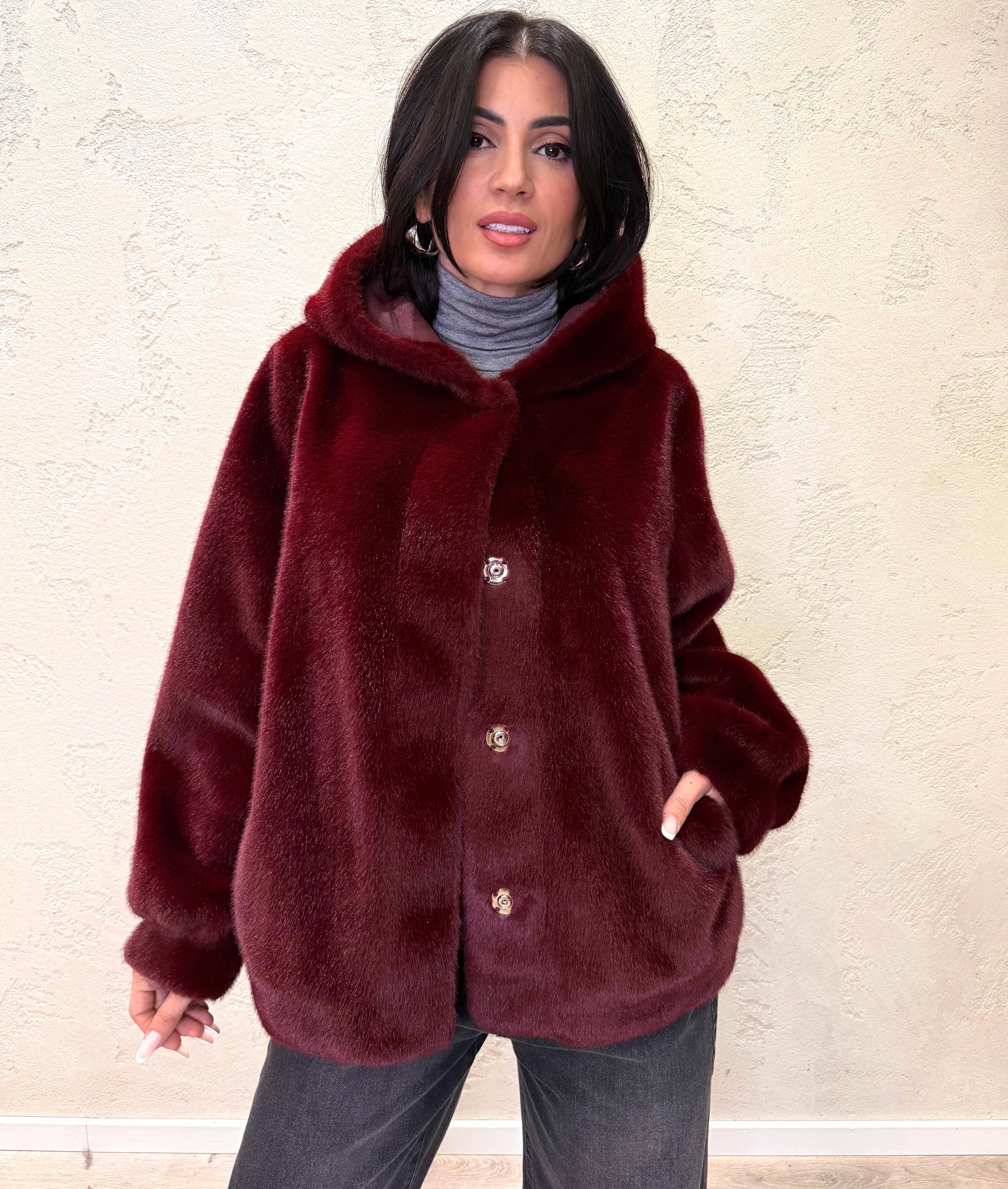 ecopelliccia pelo raso con cappuccio KDY-P034 BORDEAUX HAVEONE