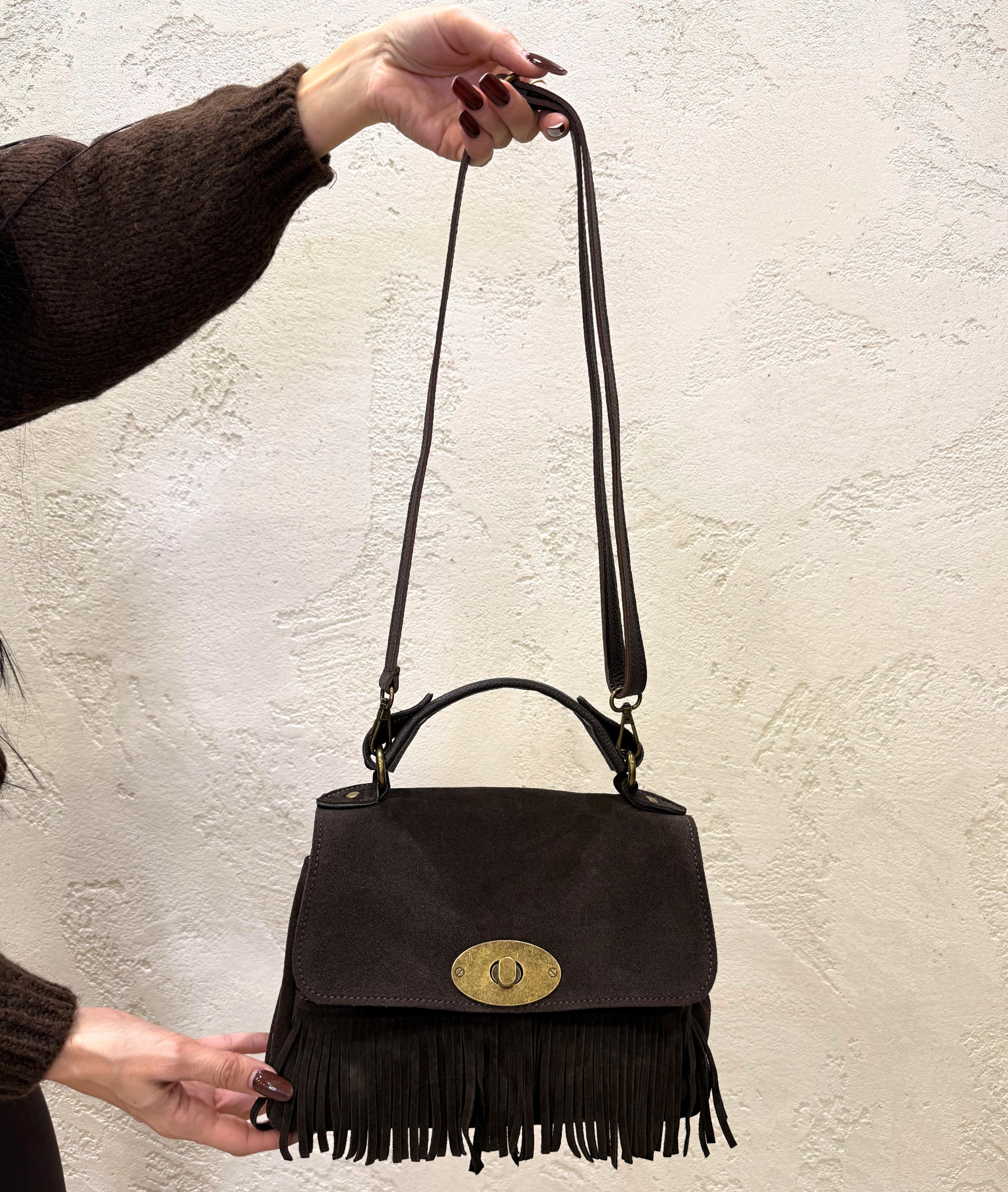 borsa a mano con frange in vera pelle scamosciata BMFRANGE MORO ELEVI