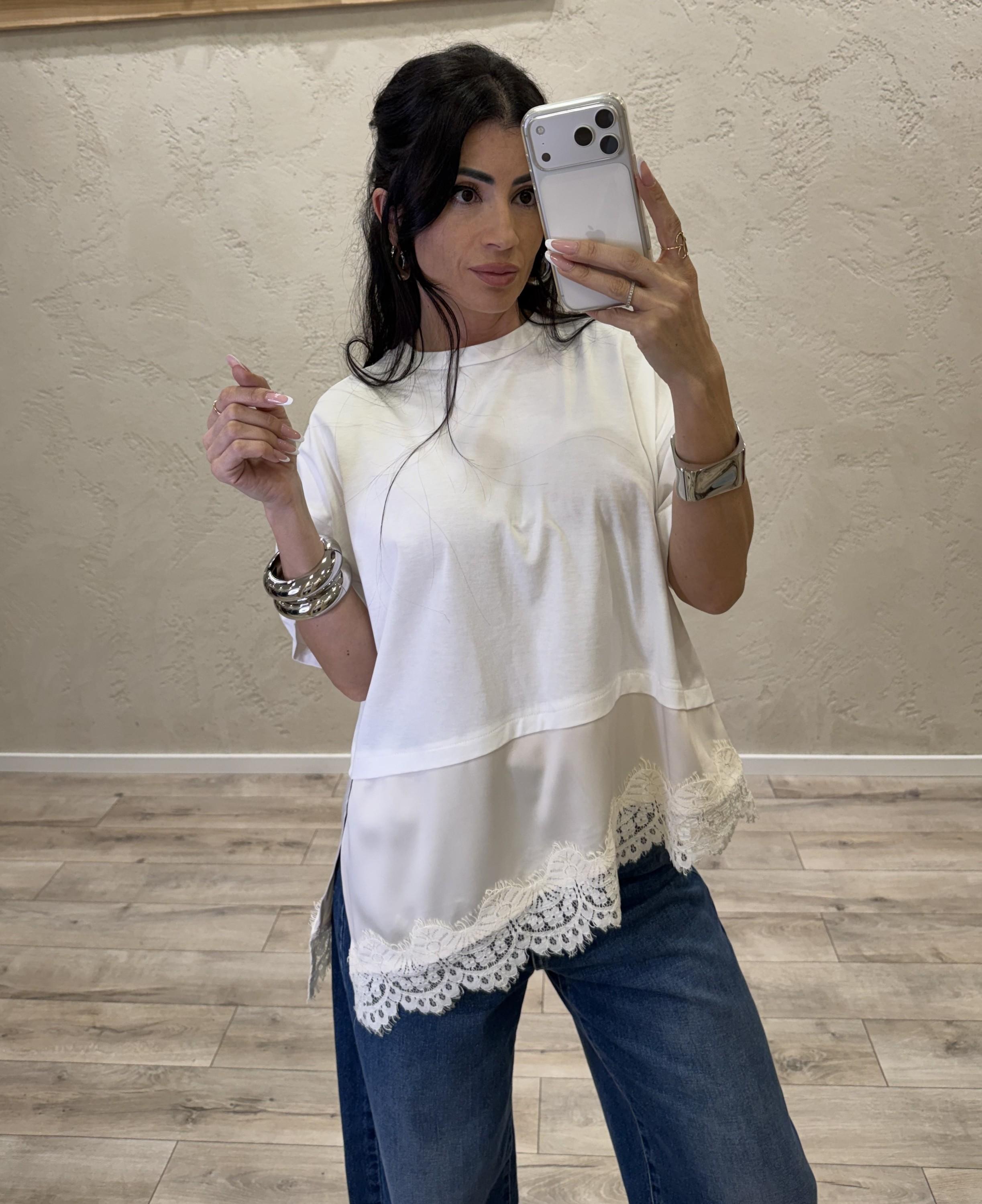 t-shirt a scatoletta con inserto satin e pizzo T262A082 PANNA DIXIE