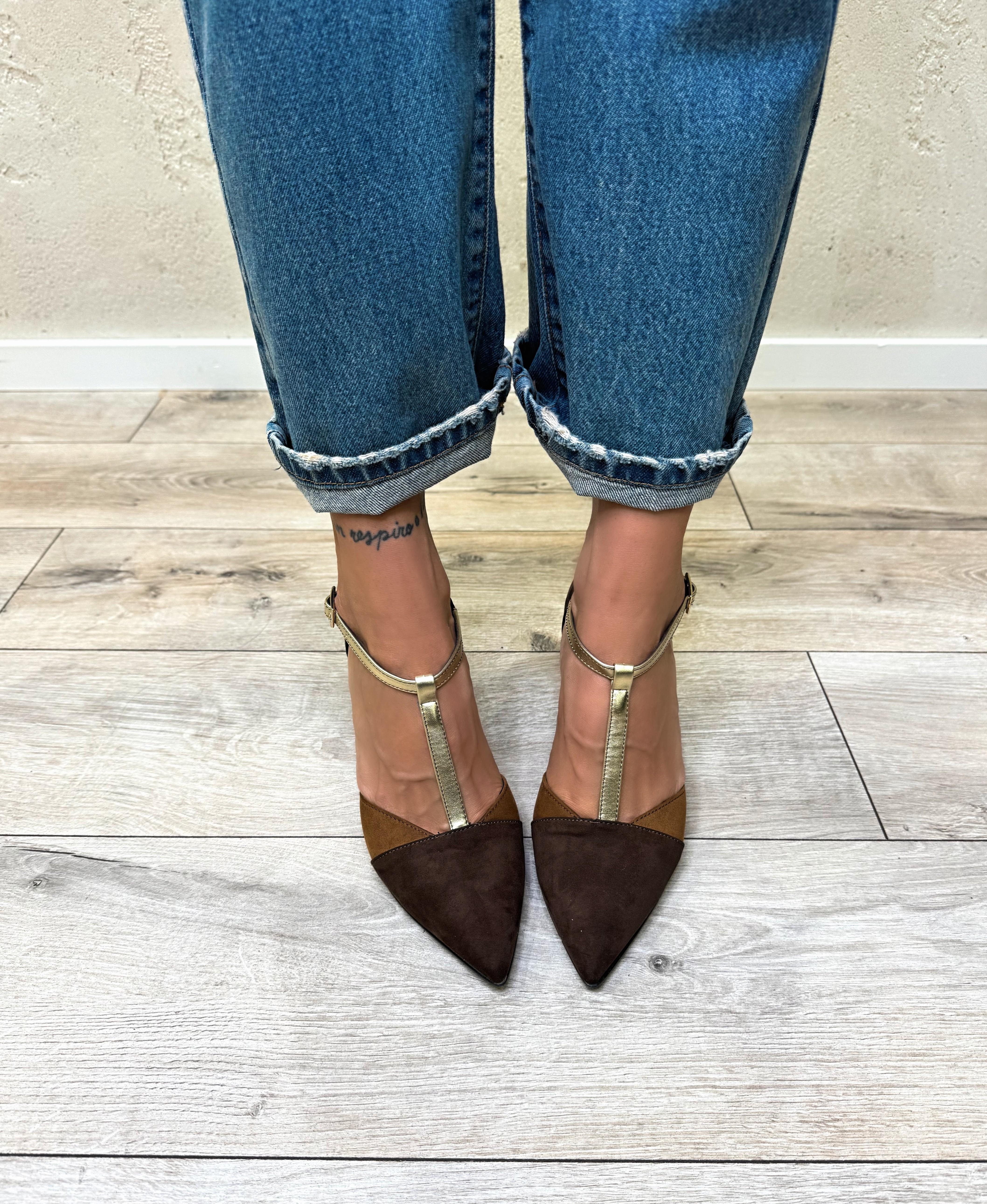 mary jane in camoscio bicolore con dettaglio platino 8017 CUOIO/MORO/PLATINO DIVINE FOLLIE