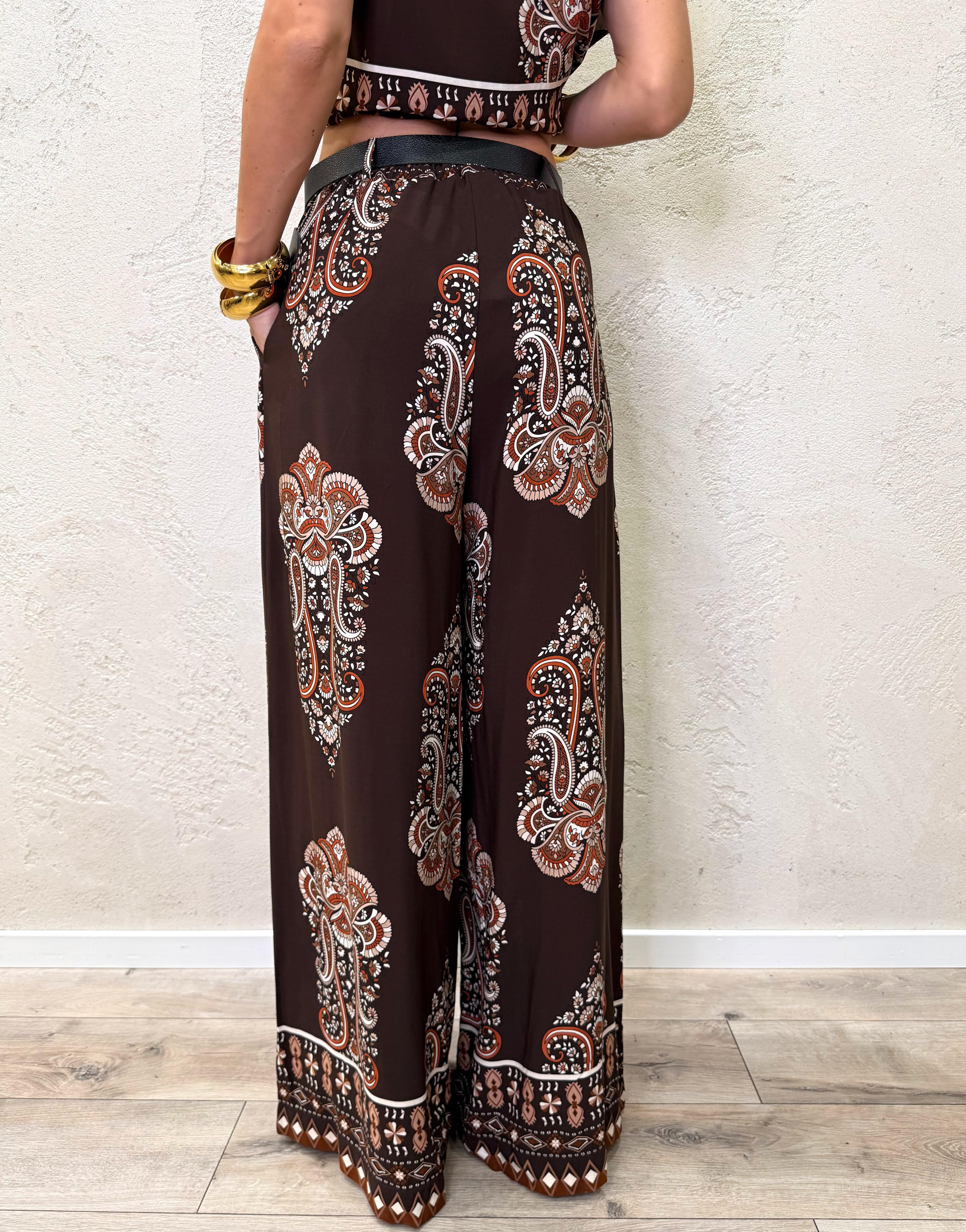 pantalone in 100% viscosa a palazzo con pinces frontali e fantasia etnica 16926H2 MORO SUSY MIX