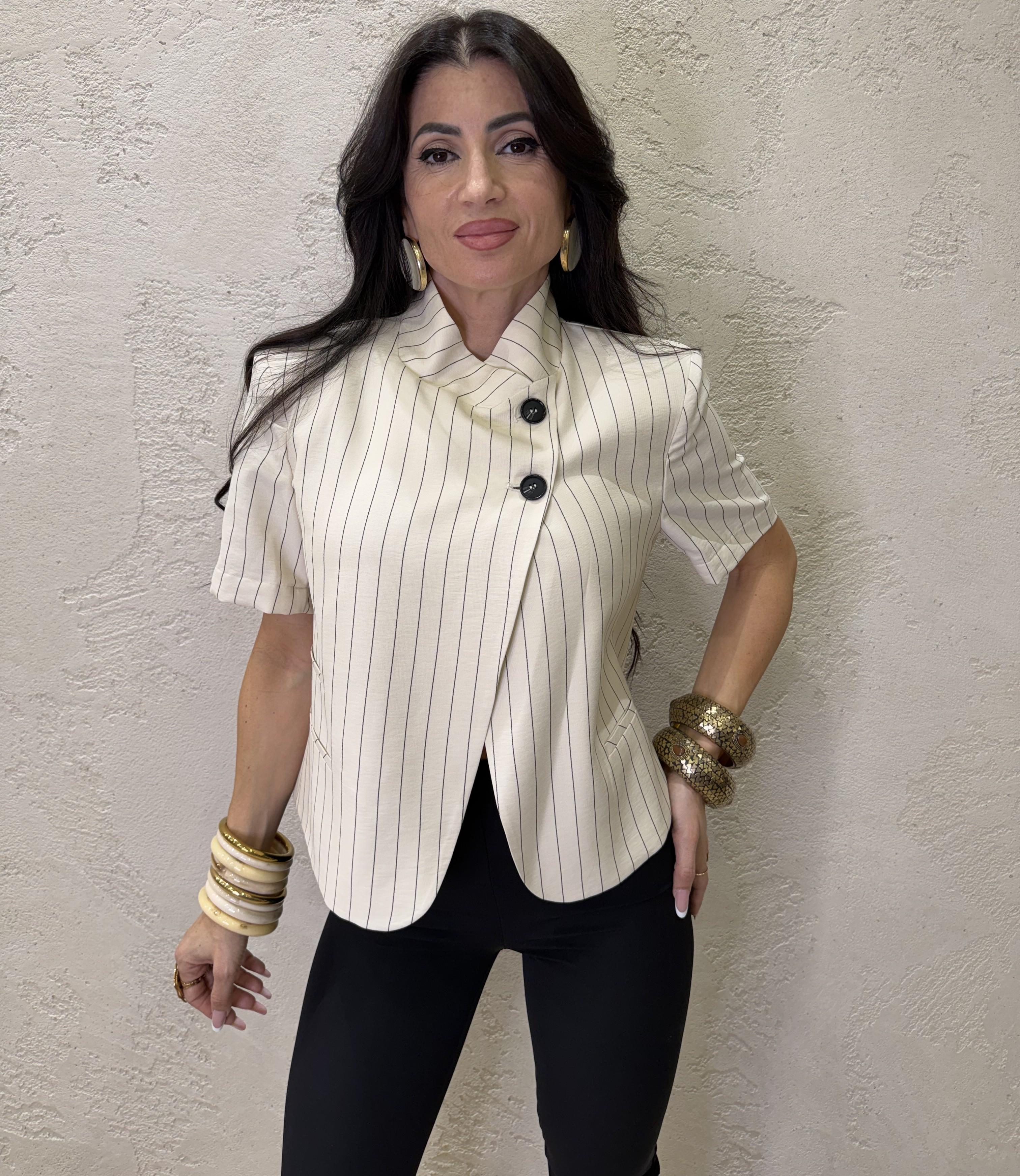 giacca manica corta gessata con collo alla coreana e chiusura asimmetrica JMN-Q115 BIANCO HAVEONE