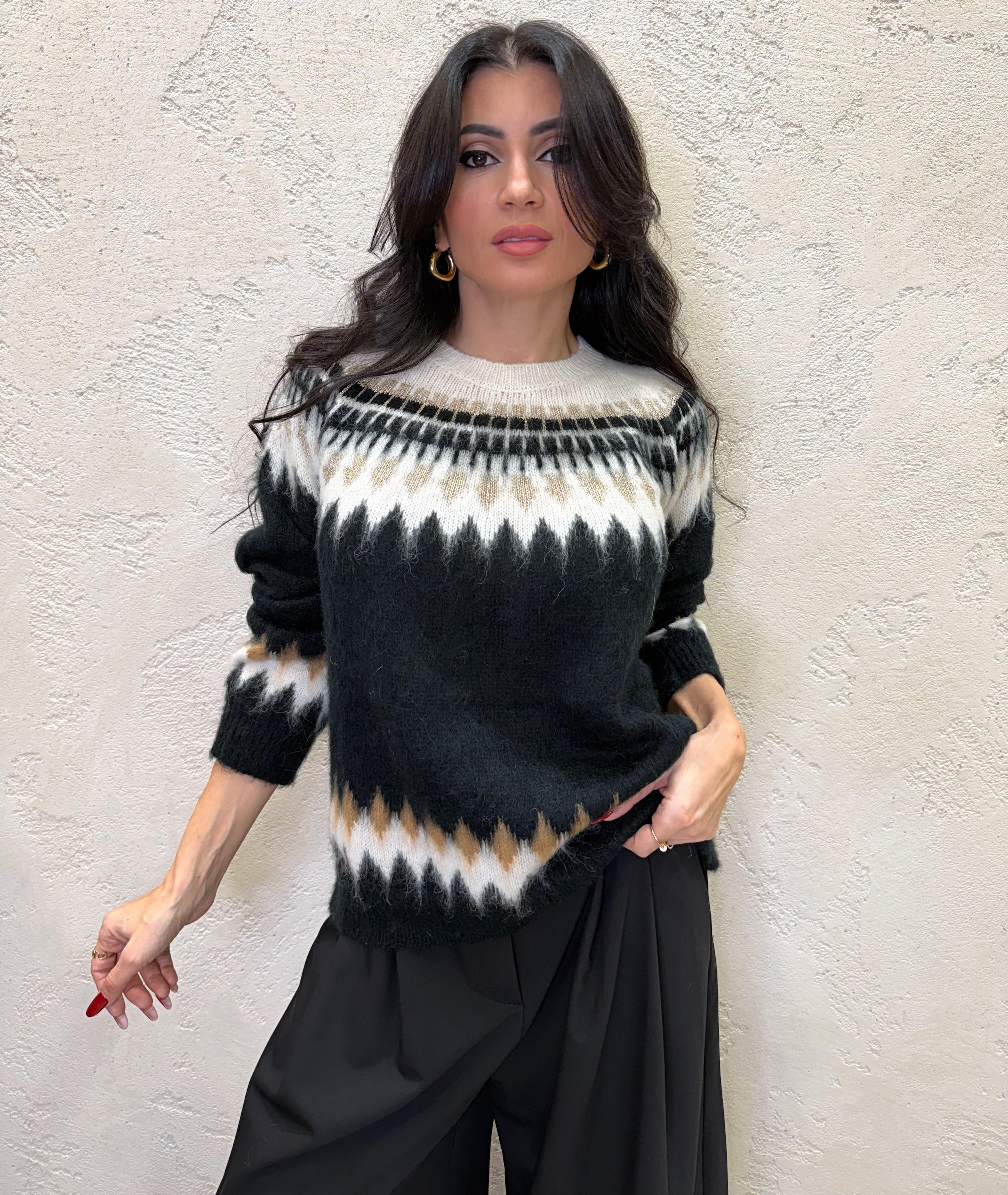 pull misto mohair jacquard D82154 NERO/PANNA MOTEL