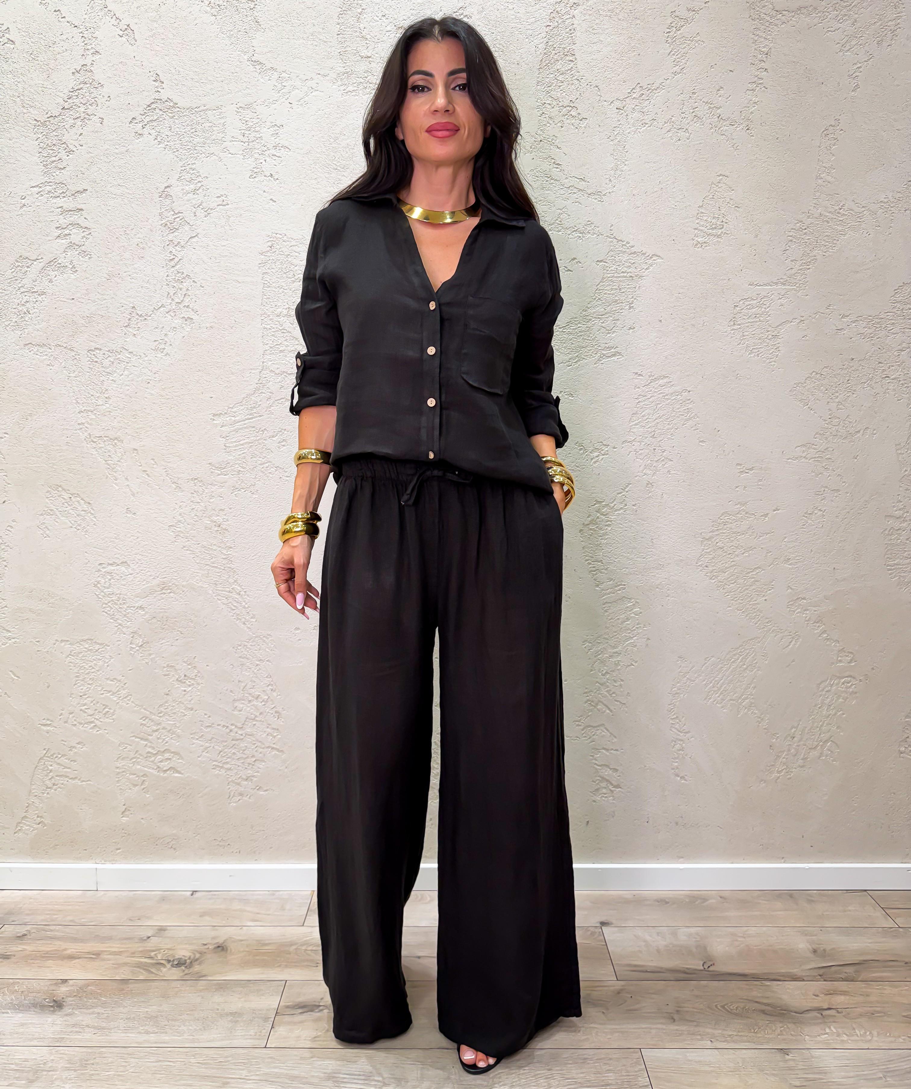pantalone "ARIA" a palazzo in 100% lino H5944 NERO ELEVI