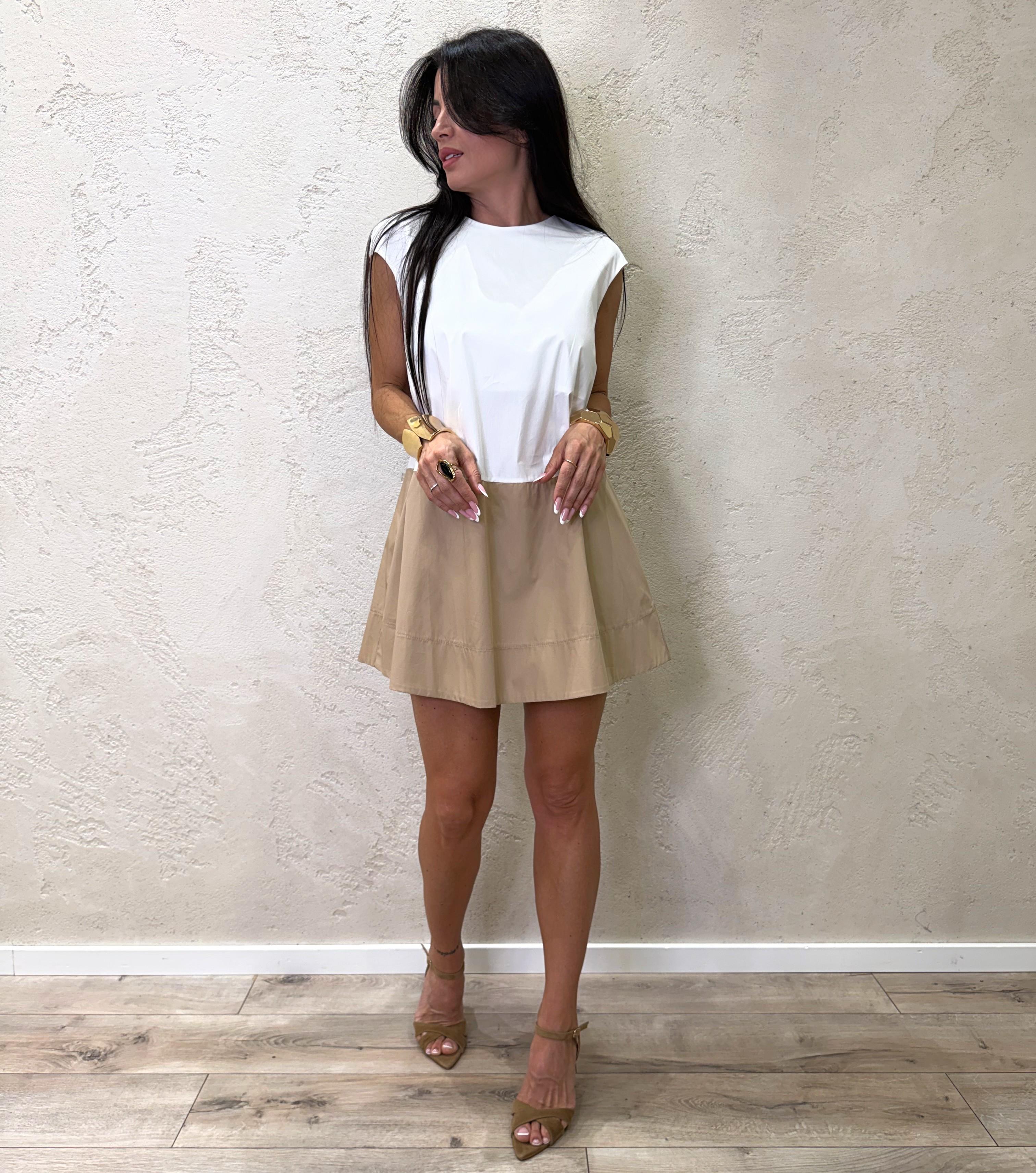 abito mini in 100% cotone doppio colore S26AD15 BIANCO/SABBIA TENSIONE IN