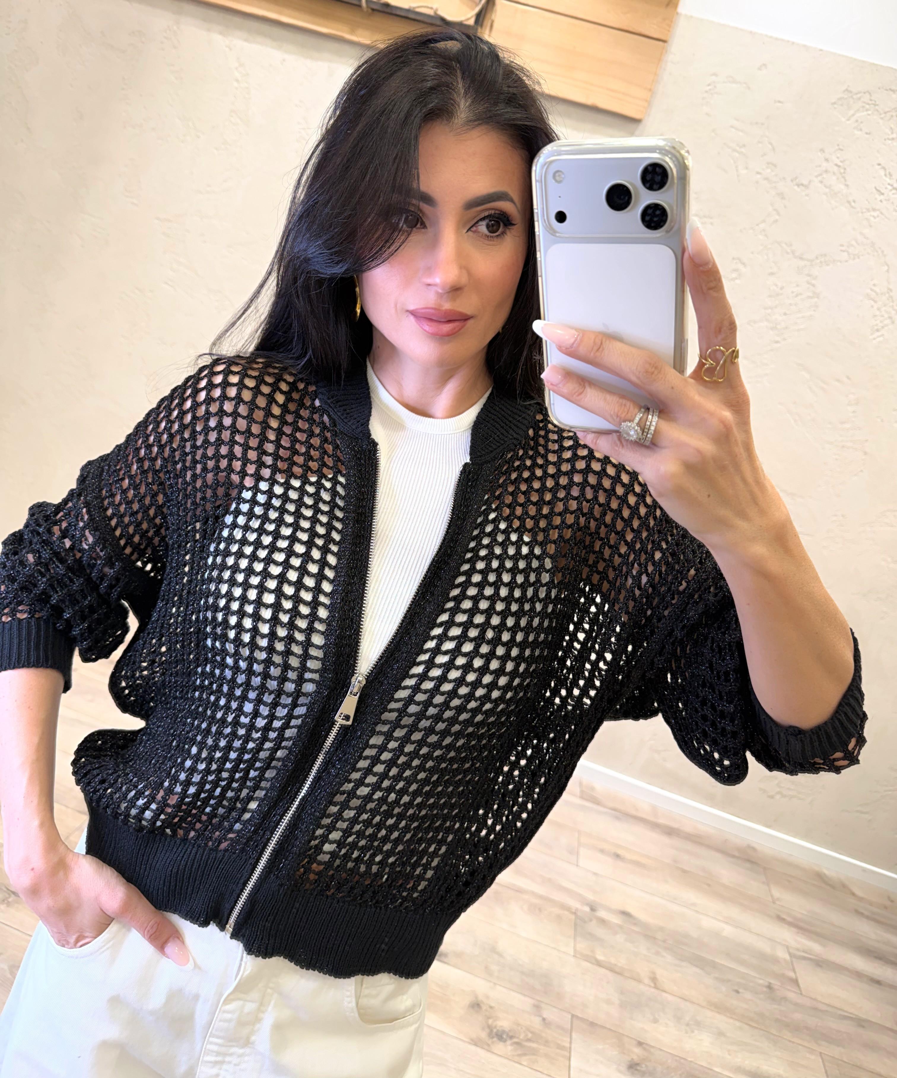 cardigan a bomber in maglia a rete lurex M93060 NERO SUSY MIX