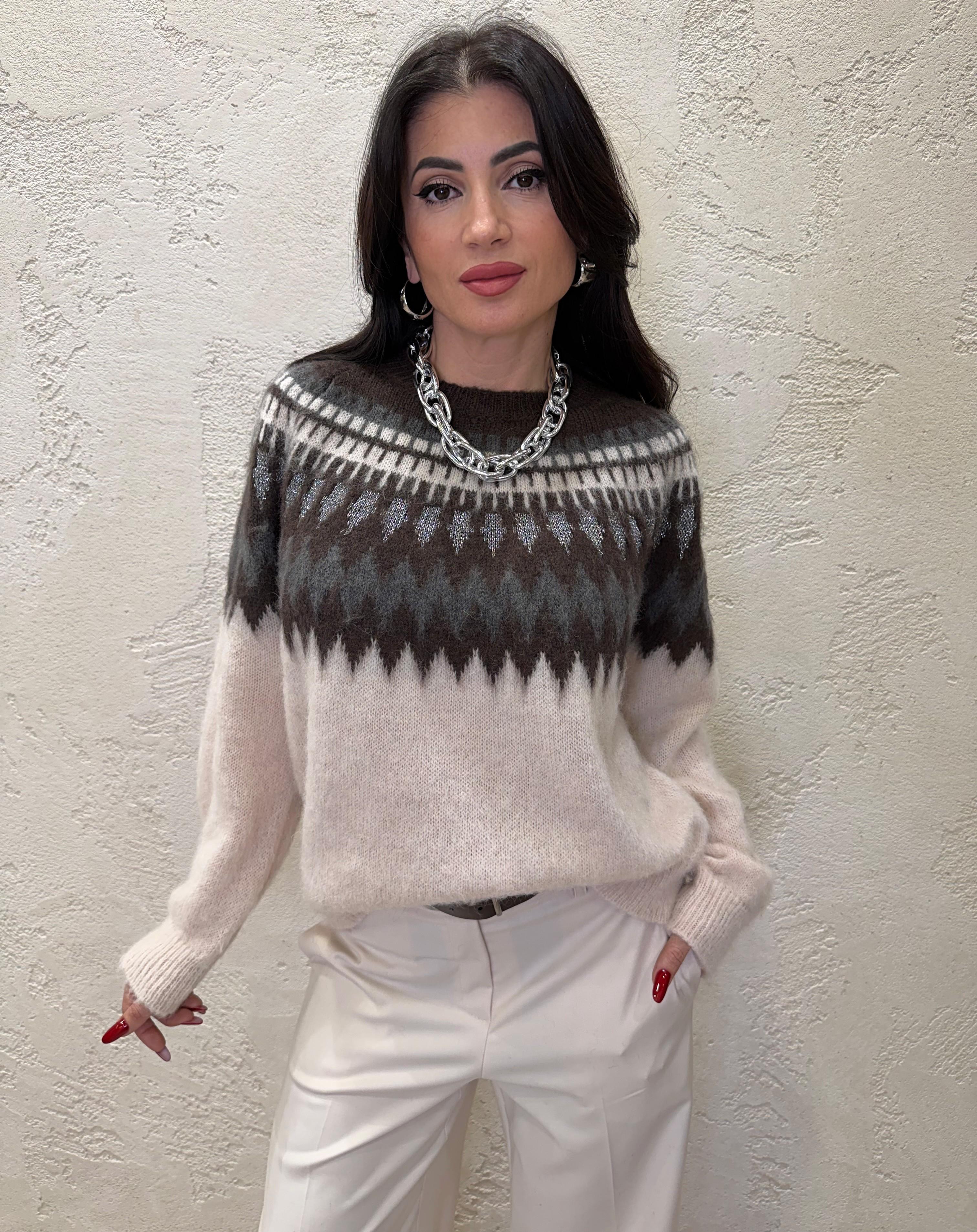 pull misto mohair jacquard<BR/> D81326 ECRU/MORO TENSIONE IN