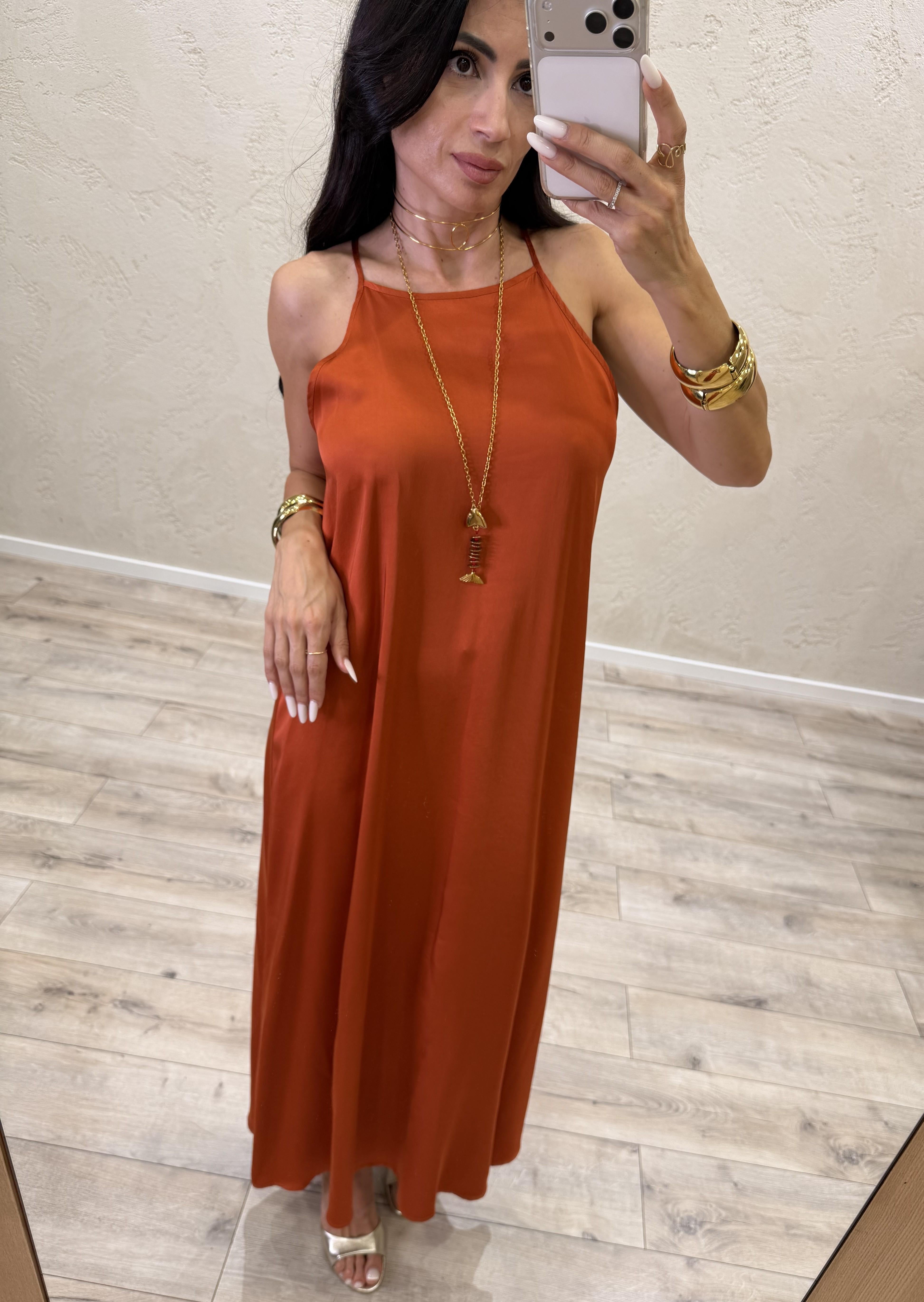 abito svasato in satin scollo all'americana TAB2585 PAPAYA VICOLO
