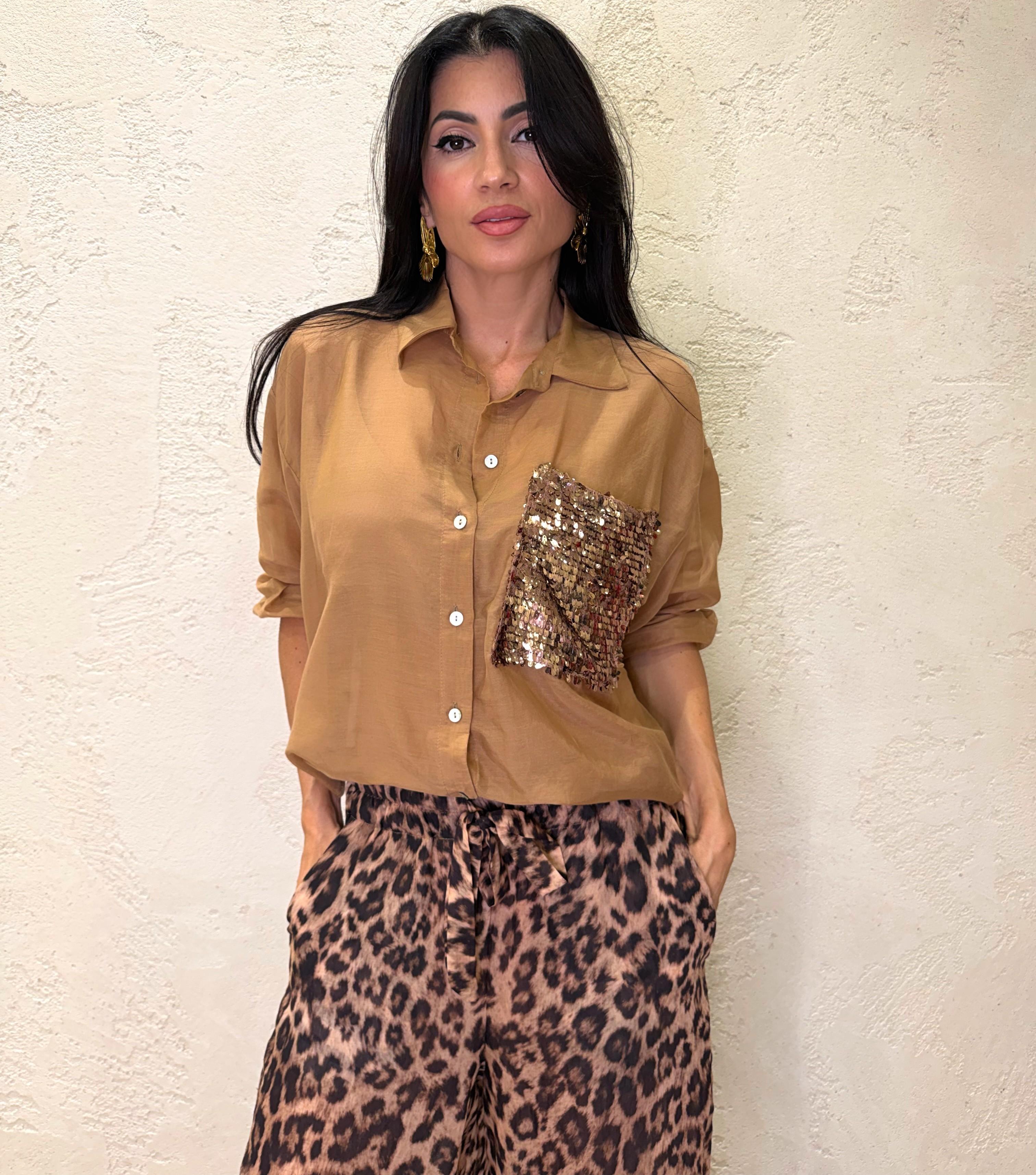 camicia in misto seta con tasca pailettes S26CG26 TABACCO TENSIONE IN