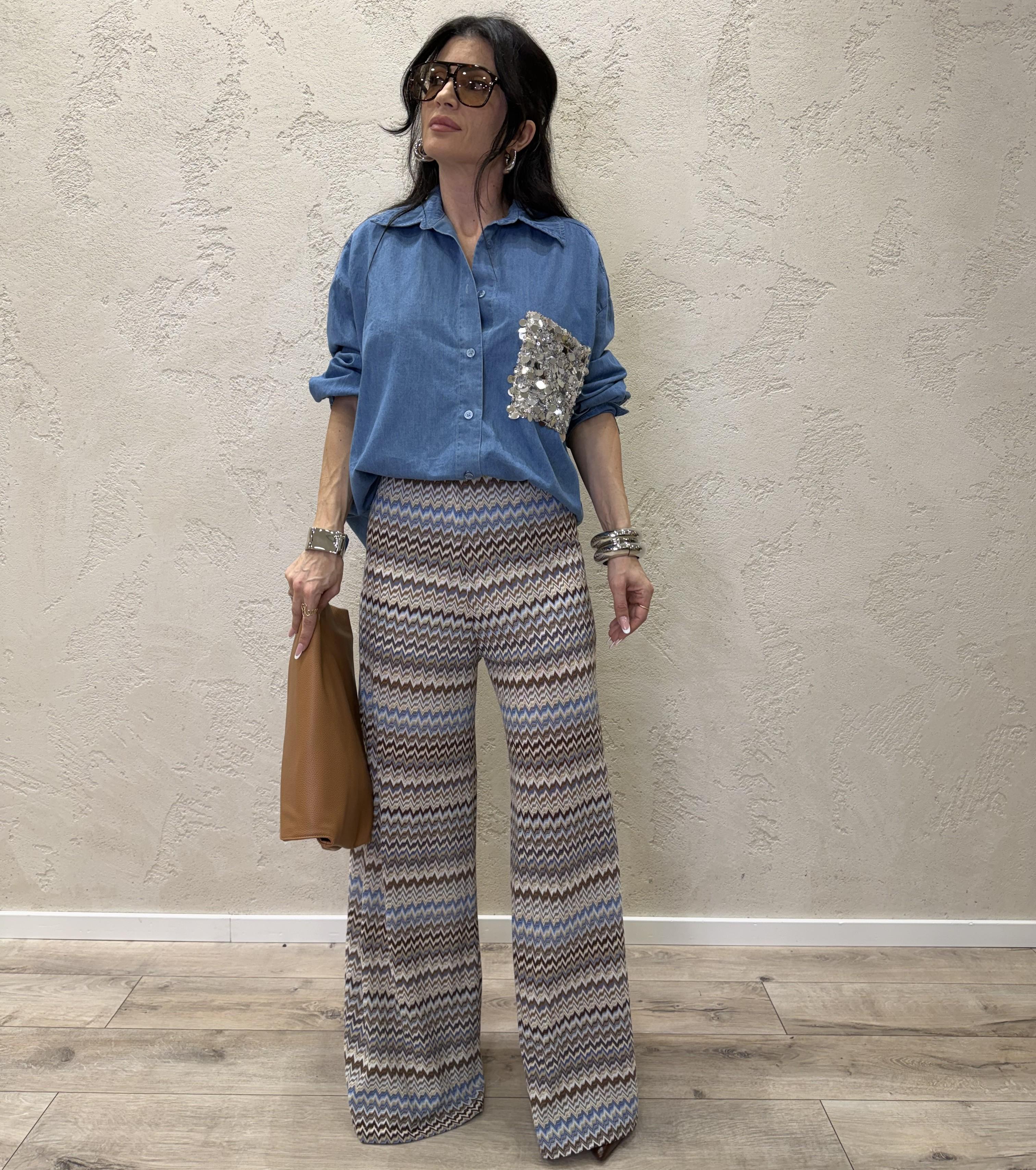 camicia maxi in tessuto chambary con tasca pailettes PE260153 JEANS TENSIONE IN