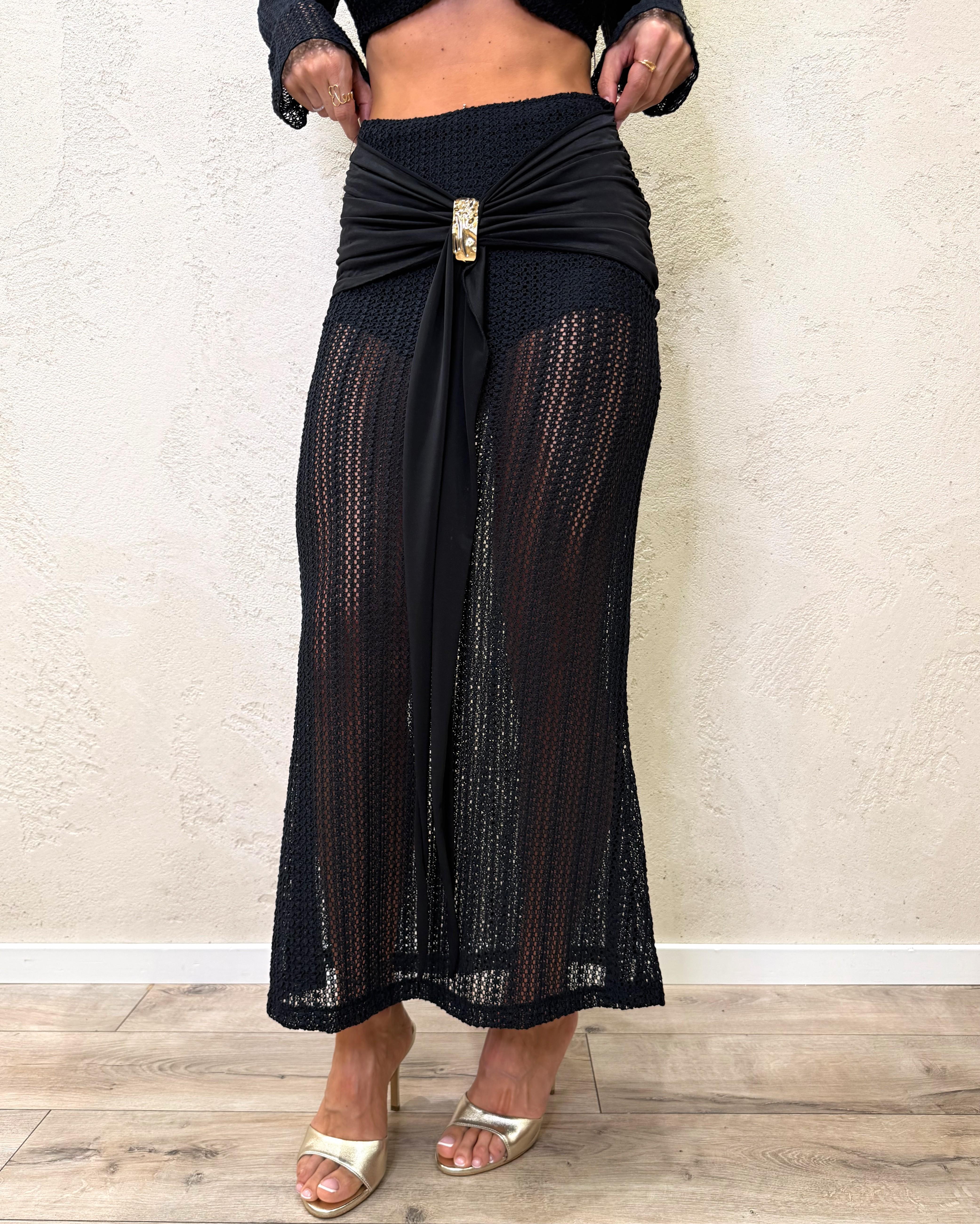 gonna lunga in maglia traforata con drappeggio e dettaglio oro GMA-Q061 NERO HAVEONE