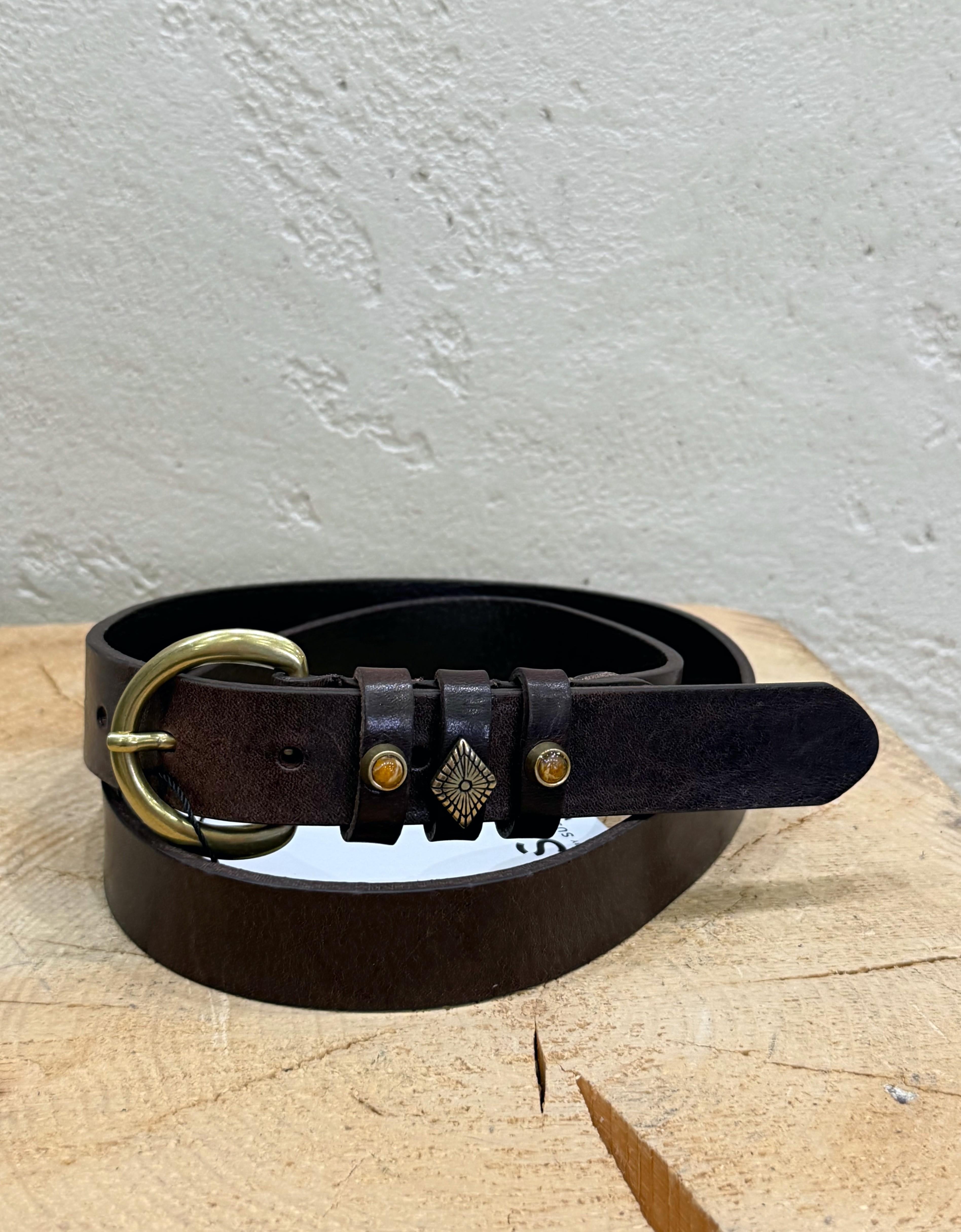 cintura in vero cuoio stile etnico con pietre W2587 MORO SUSY MIX