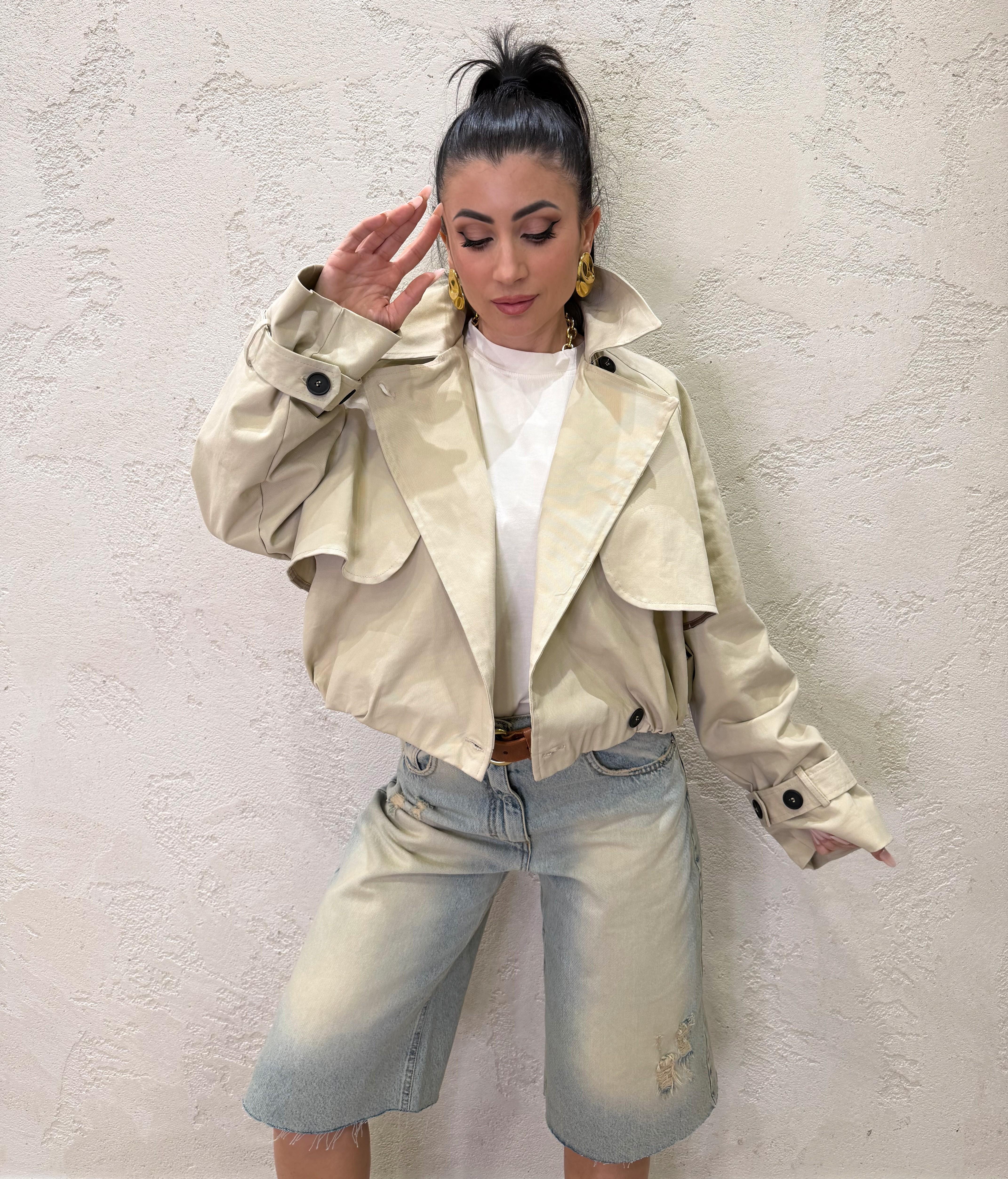 trench a bomber corto con chiusura asimmetrica KNO-Q051 BEIGE HAVEONE