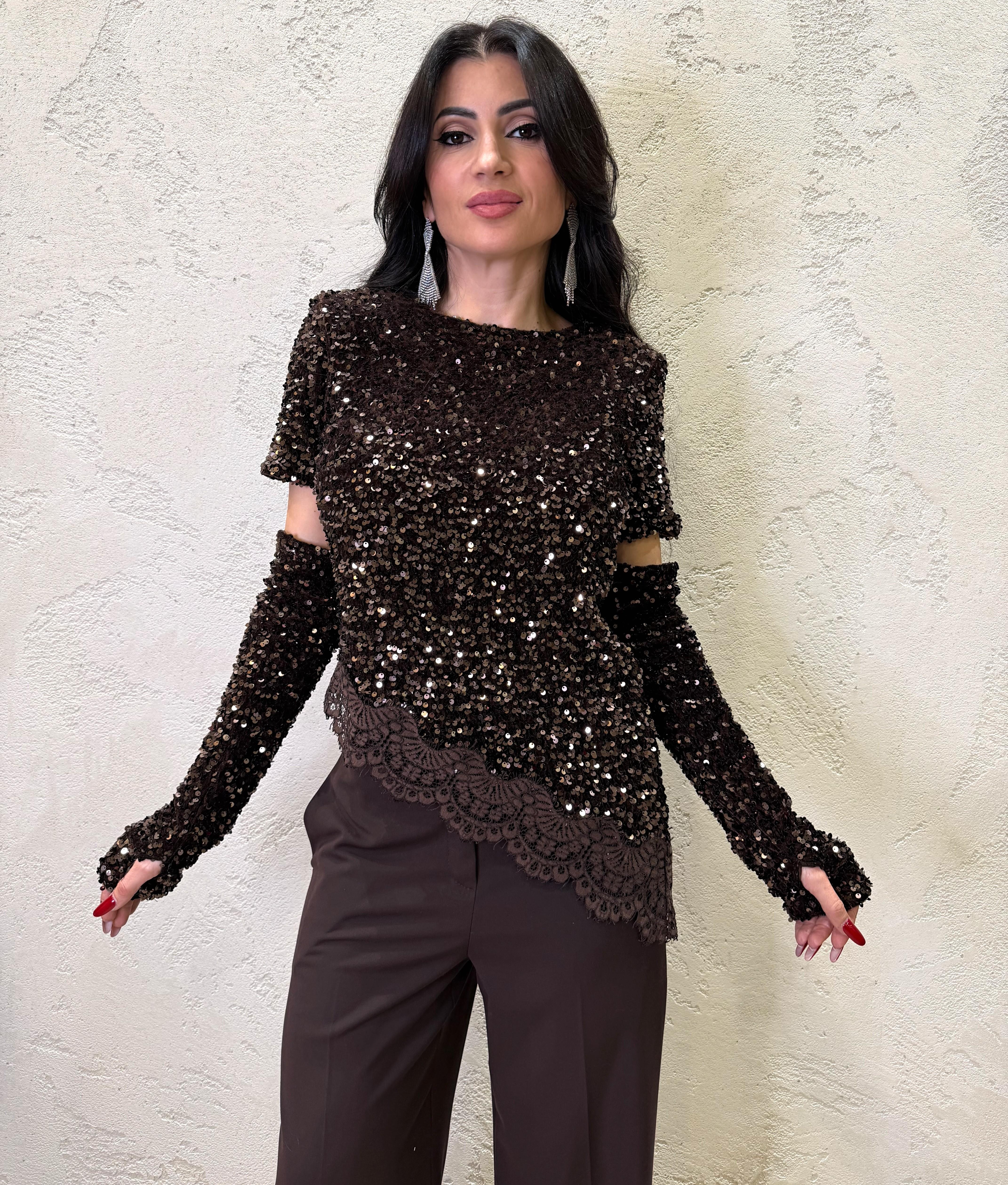 blusa asimmetrica in pailettes con manicotti W25CC91 MORO MOTEL