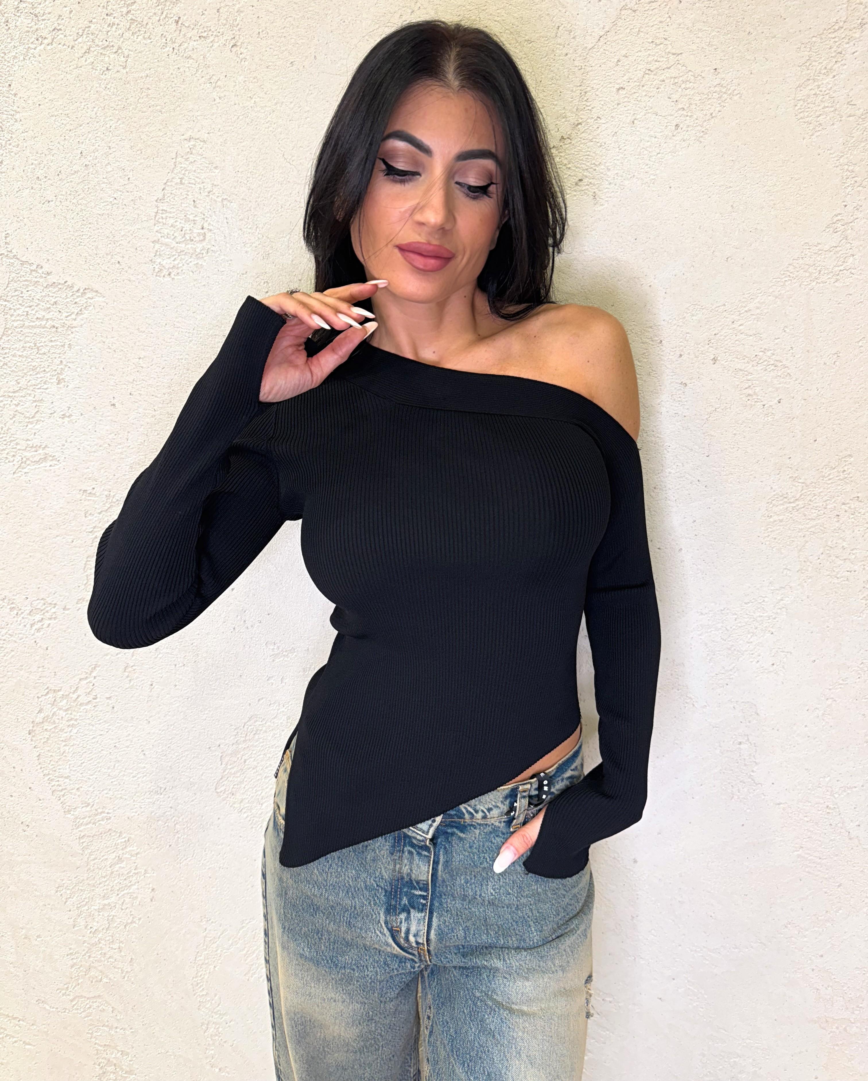 maglia a costine monospalla asimmetrica 44035F NERO VICOLO