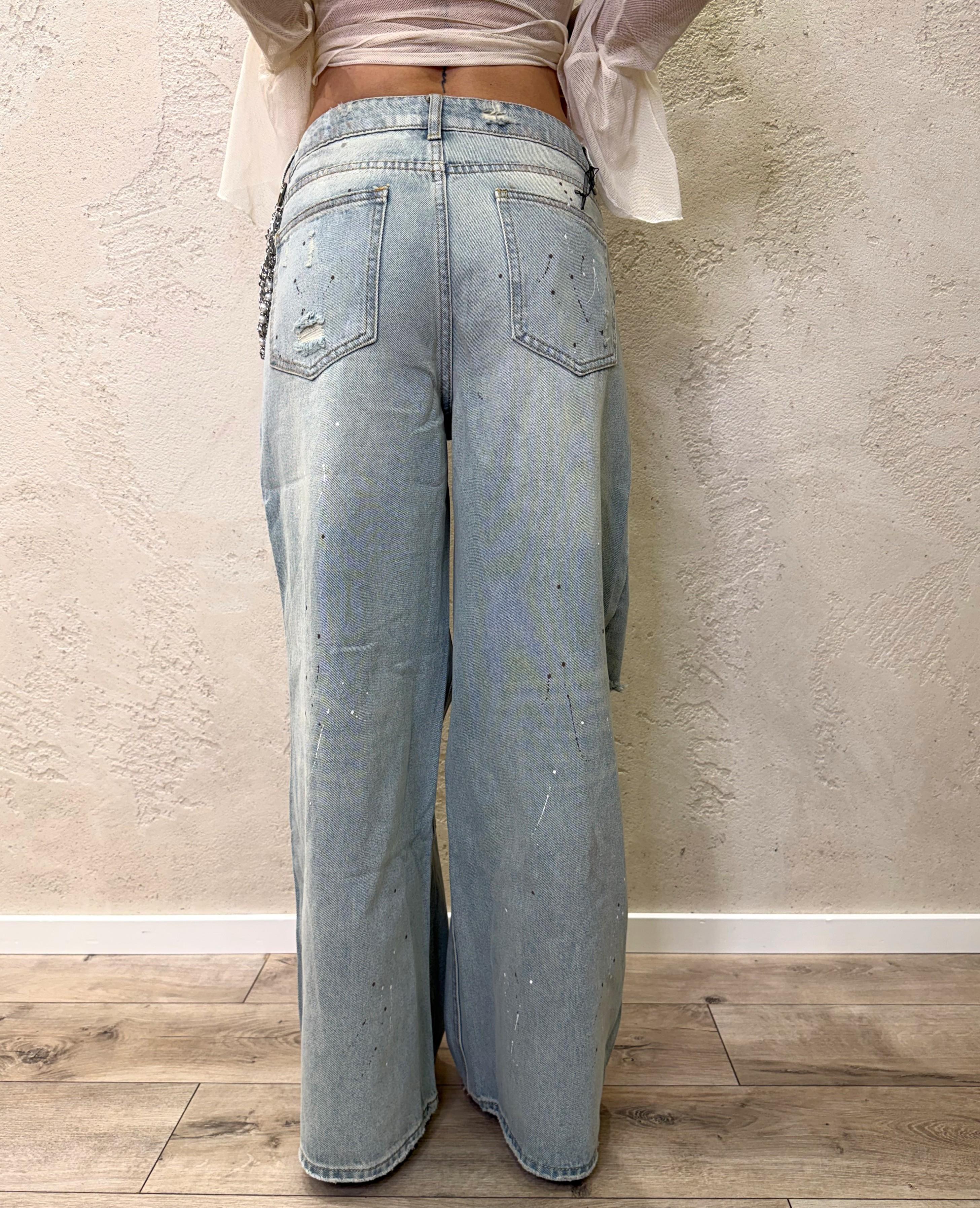jeans in tela ferma modello cloe wide leg con strappi e catena JNS-CLOE SLAVATO ELEVI