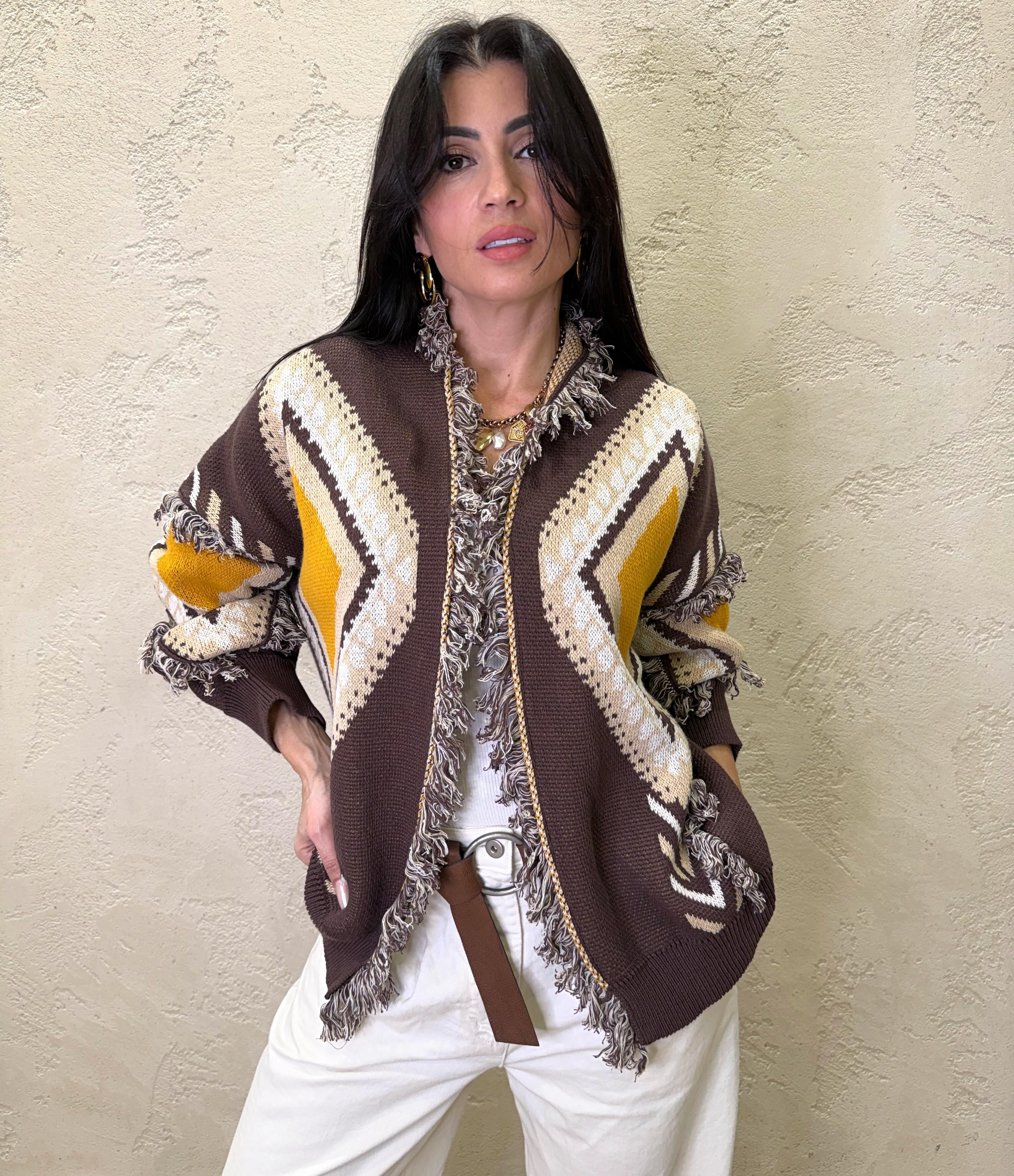 cardigan in maglia aperto con frange P6HMG17A414 MORO/OCRA TENSIONE IN