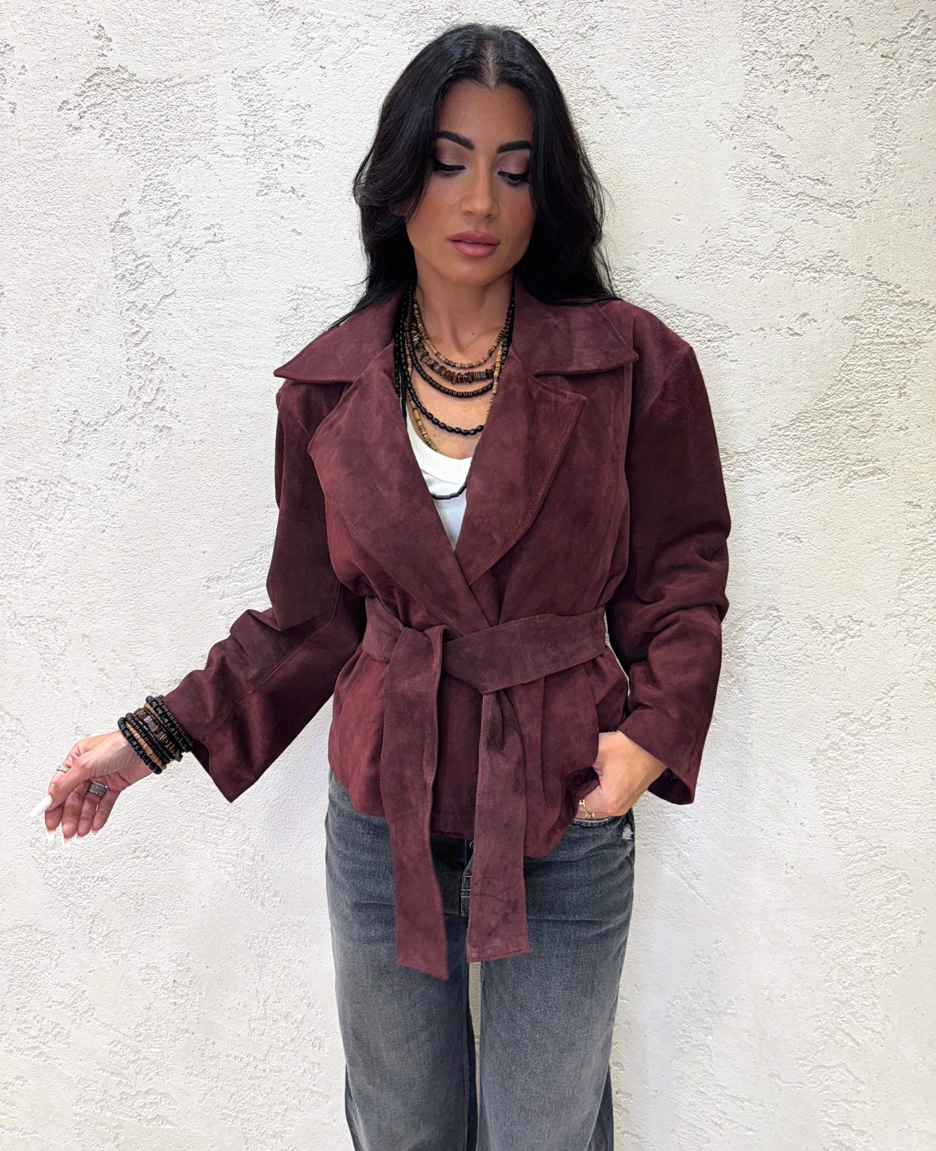 giubbino in vera pelle scamosciata con cintura TF0269 VINO VICOLO