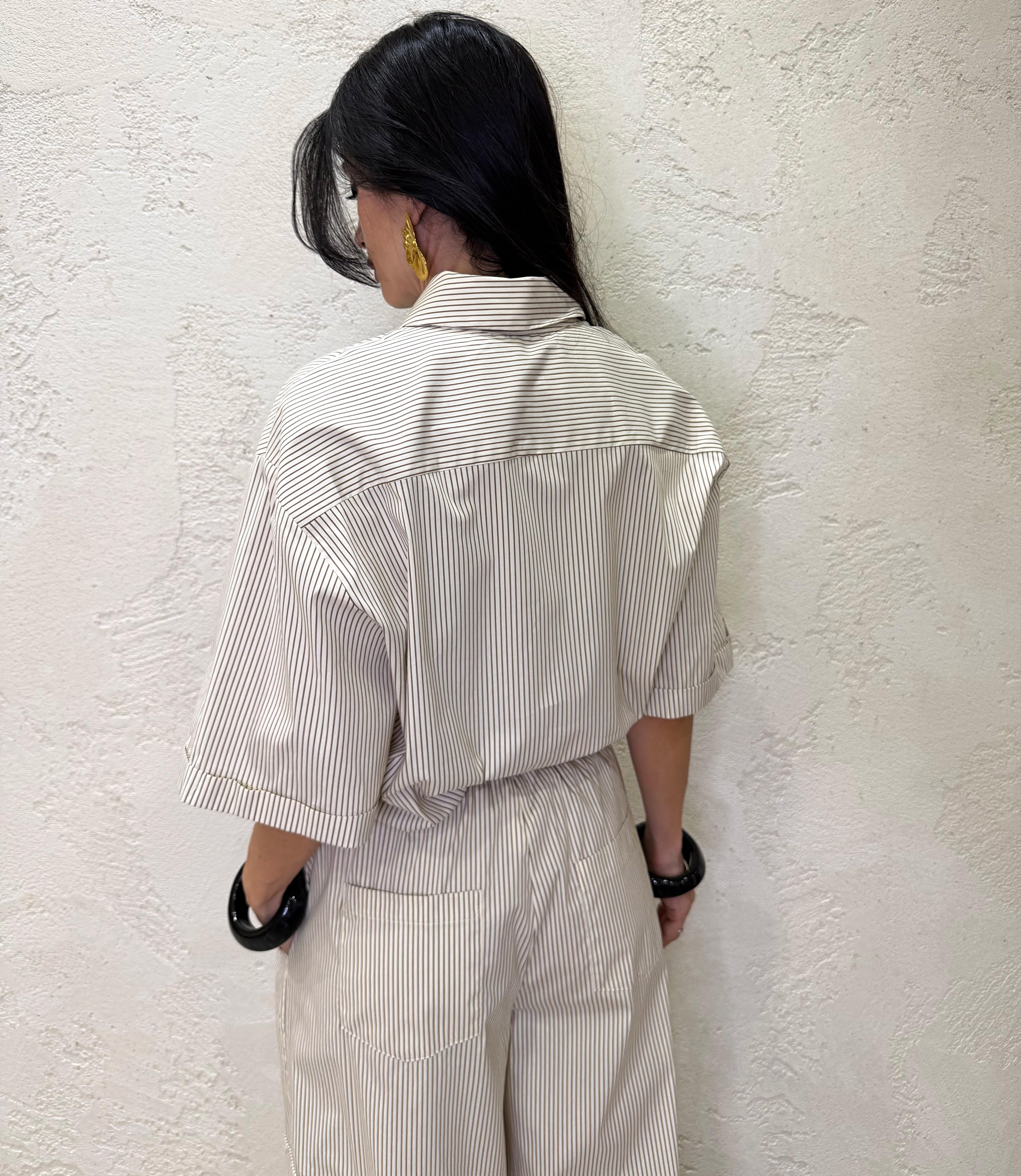 camicia a righe con tasca pailettes e piume 26C5138 BEIGE TENSIONE IN