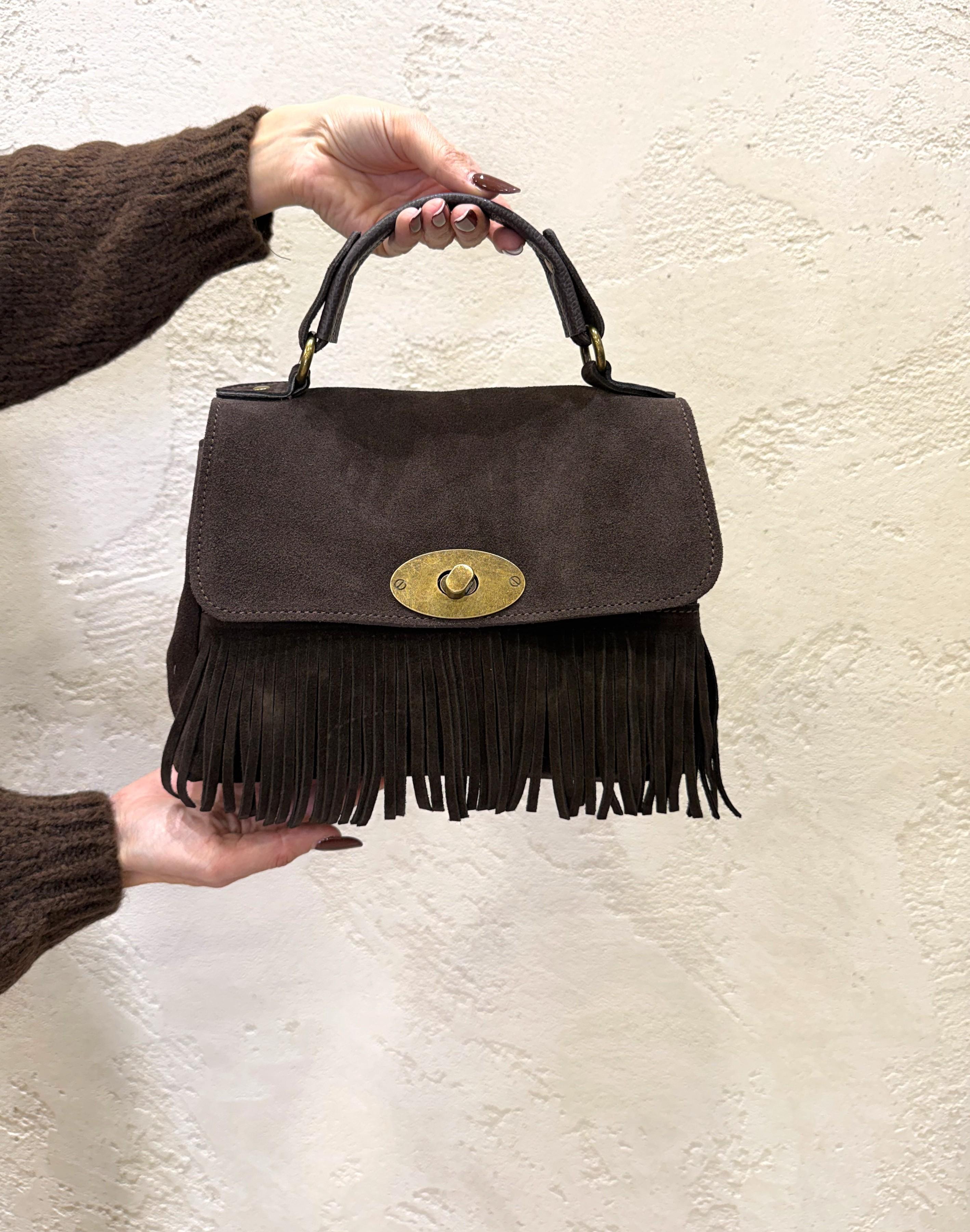 borsa a mano con frange in vera pelle scamosciata BMFRANGE MORO ELEVI