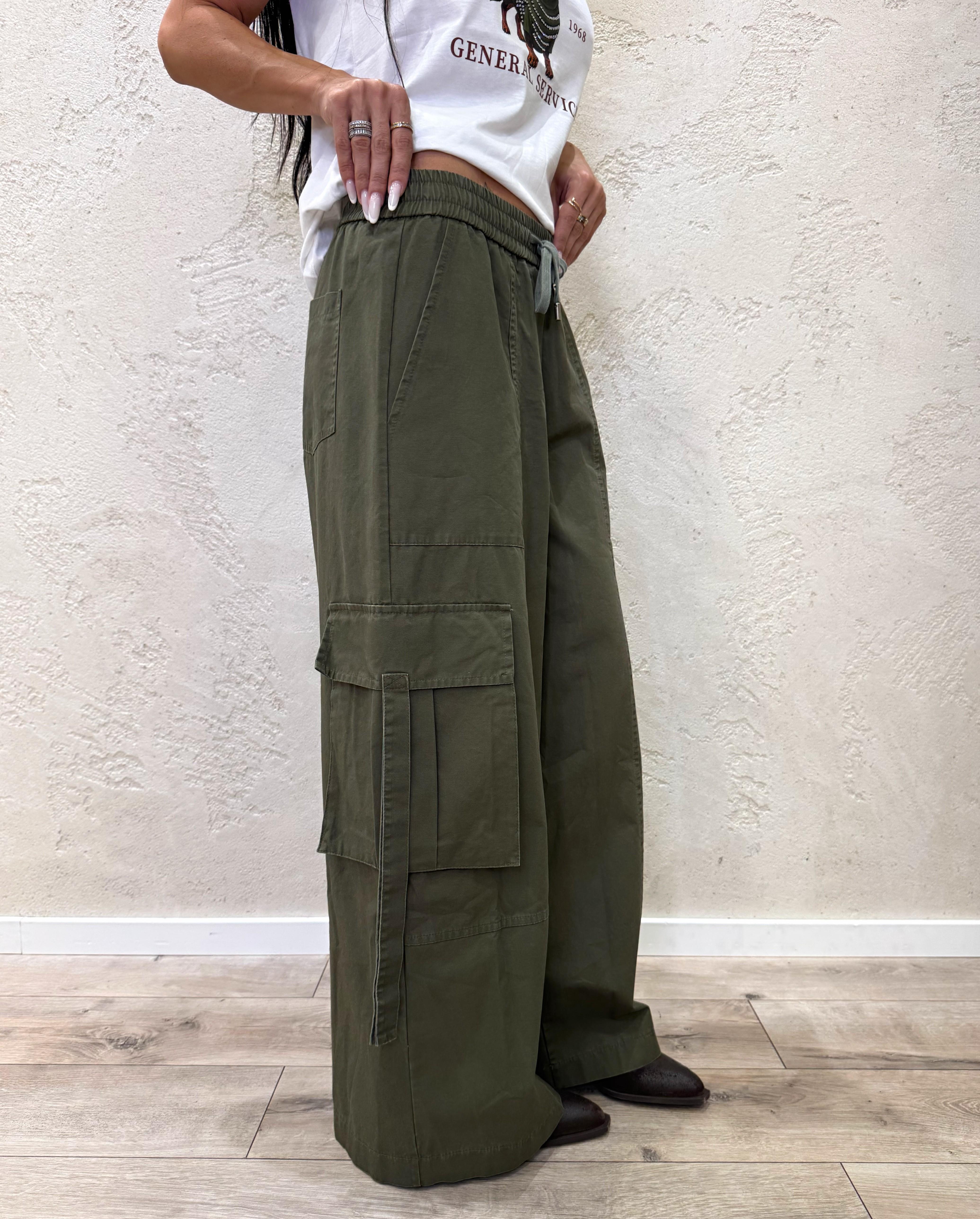 pantalone cargo a palazzo HM345 VERDE MILITARE TENSIONE IN