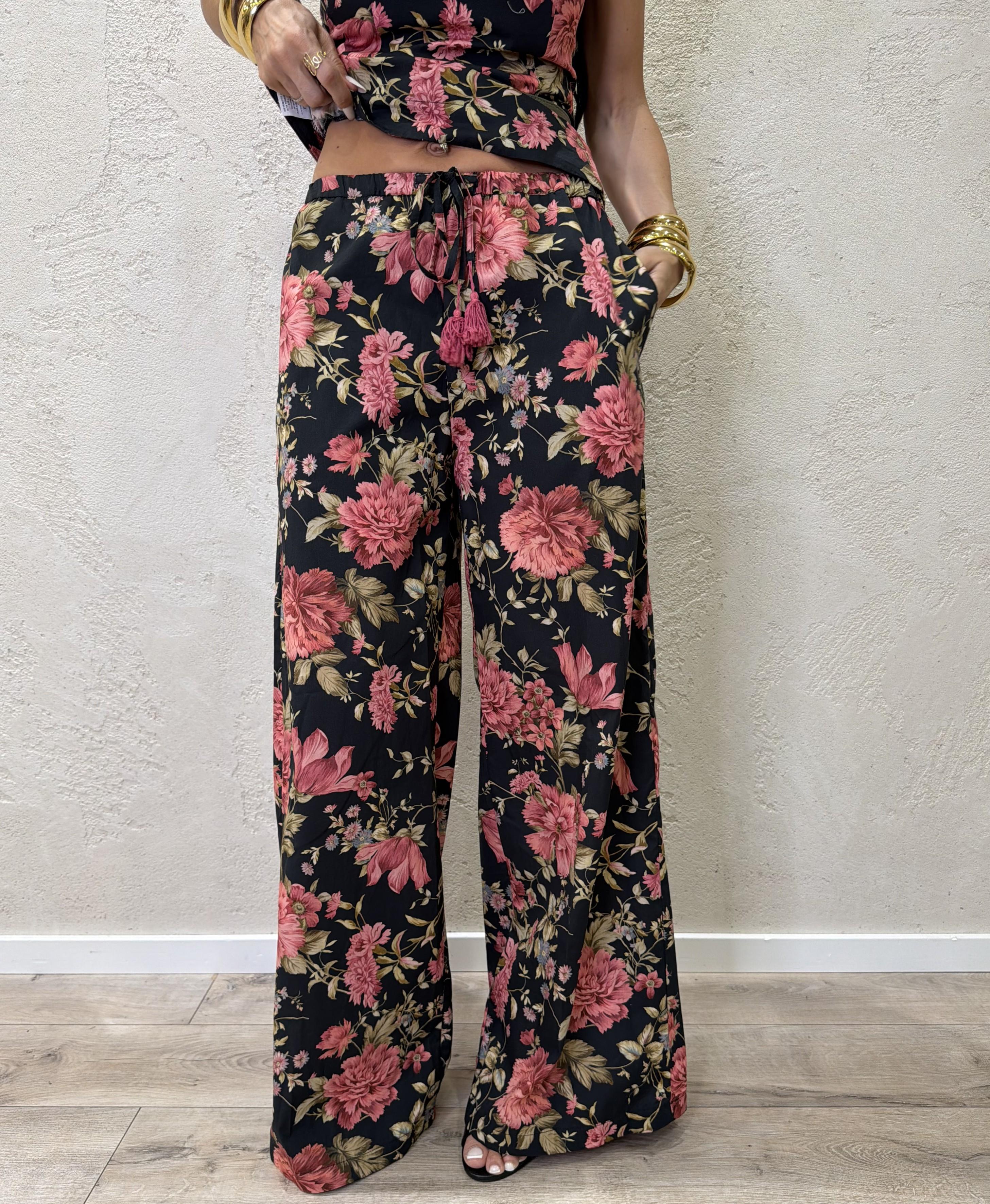 pantalone in 100% cotone modello a palazzo fantsia floreale 39480 NERO TENSIONE IN