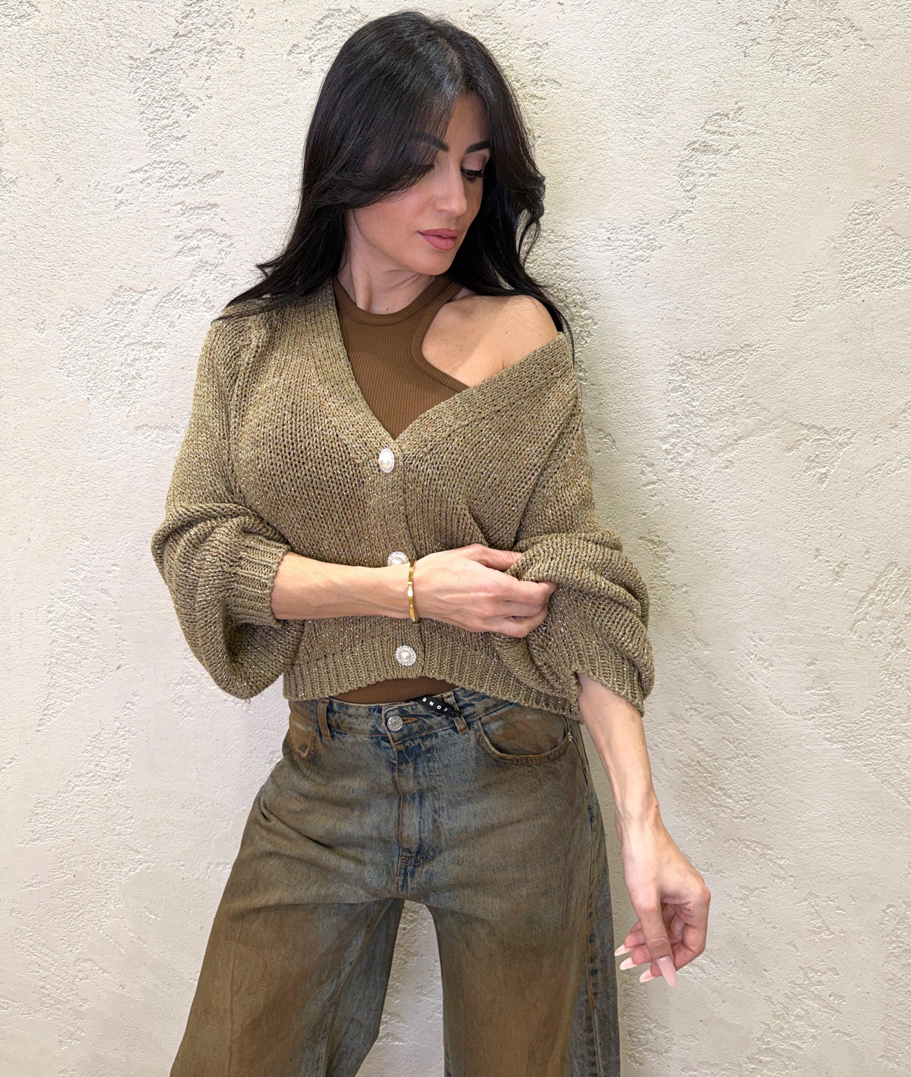 cardigan in lurex con bottoni gioiello JIT-Q008 KAKI HAVEONE