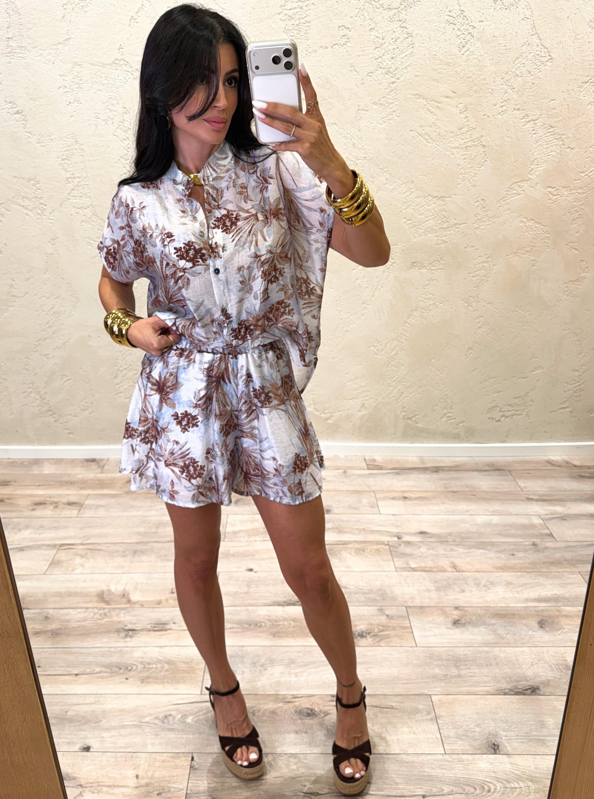 completo in misto lino composto da camicia con collo coreana e shorts KESSY FANTASIA SUSY MIX