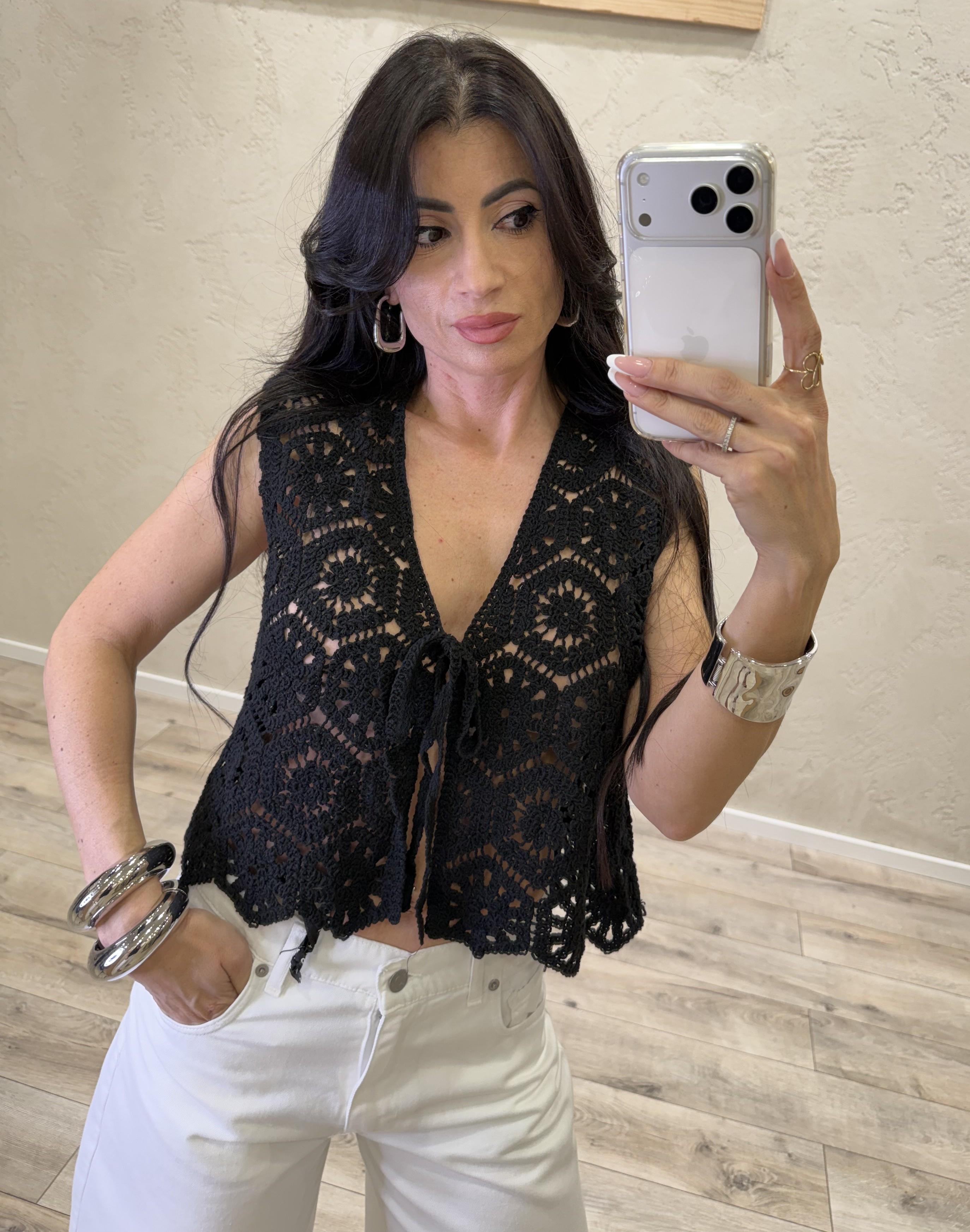 gilet crochet con laccetti frontali 2638017 NERO SUSY MIX