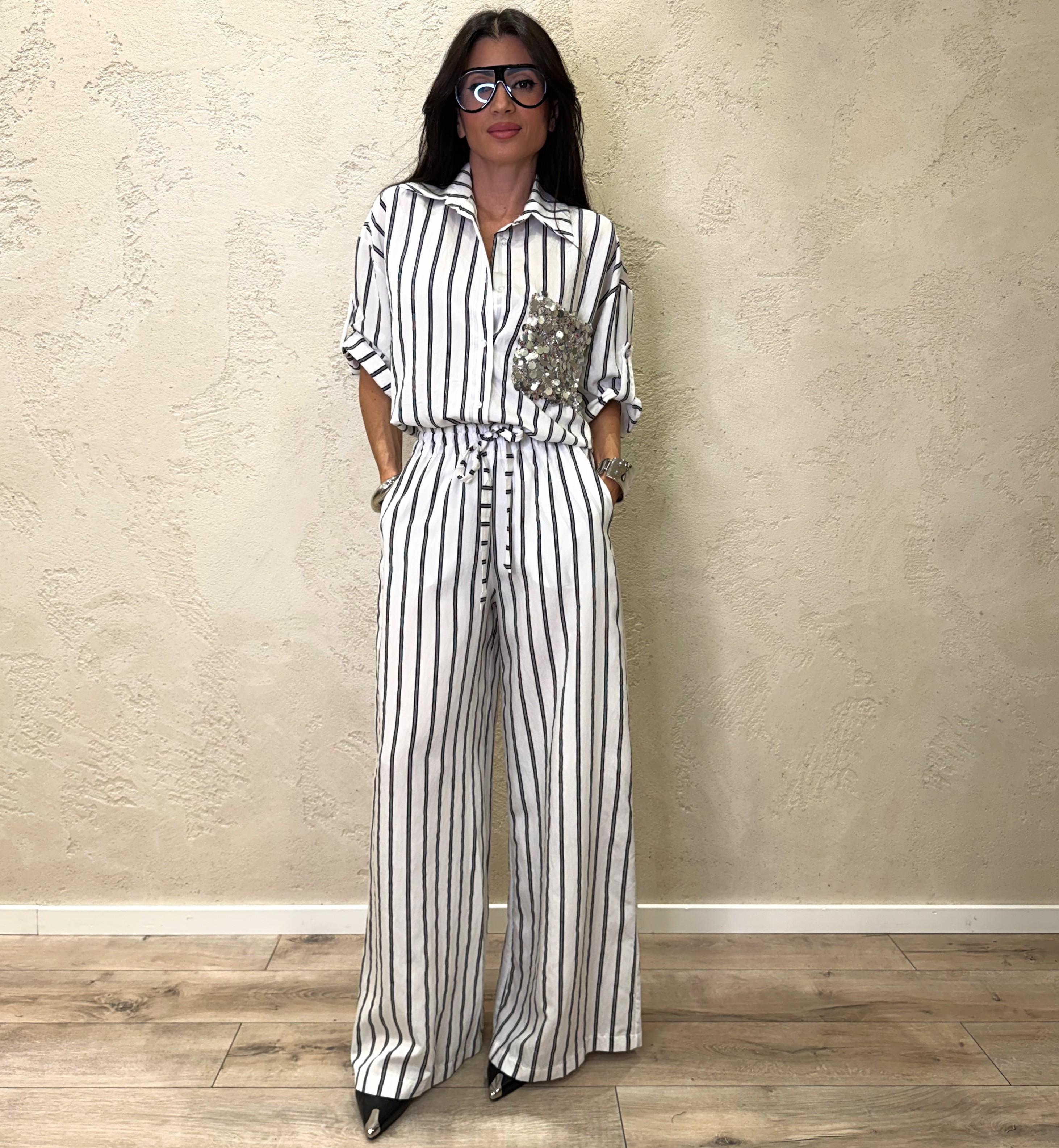pantaloni a palazzo fantasia a righe PE260221 BIANCO/NERO TENSIONE IN