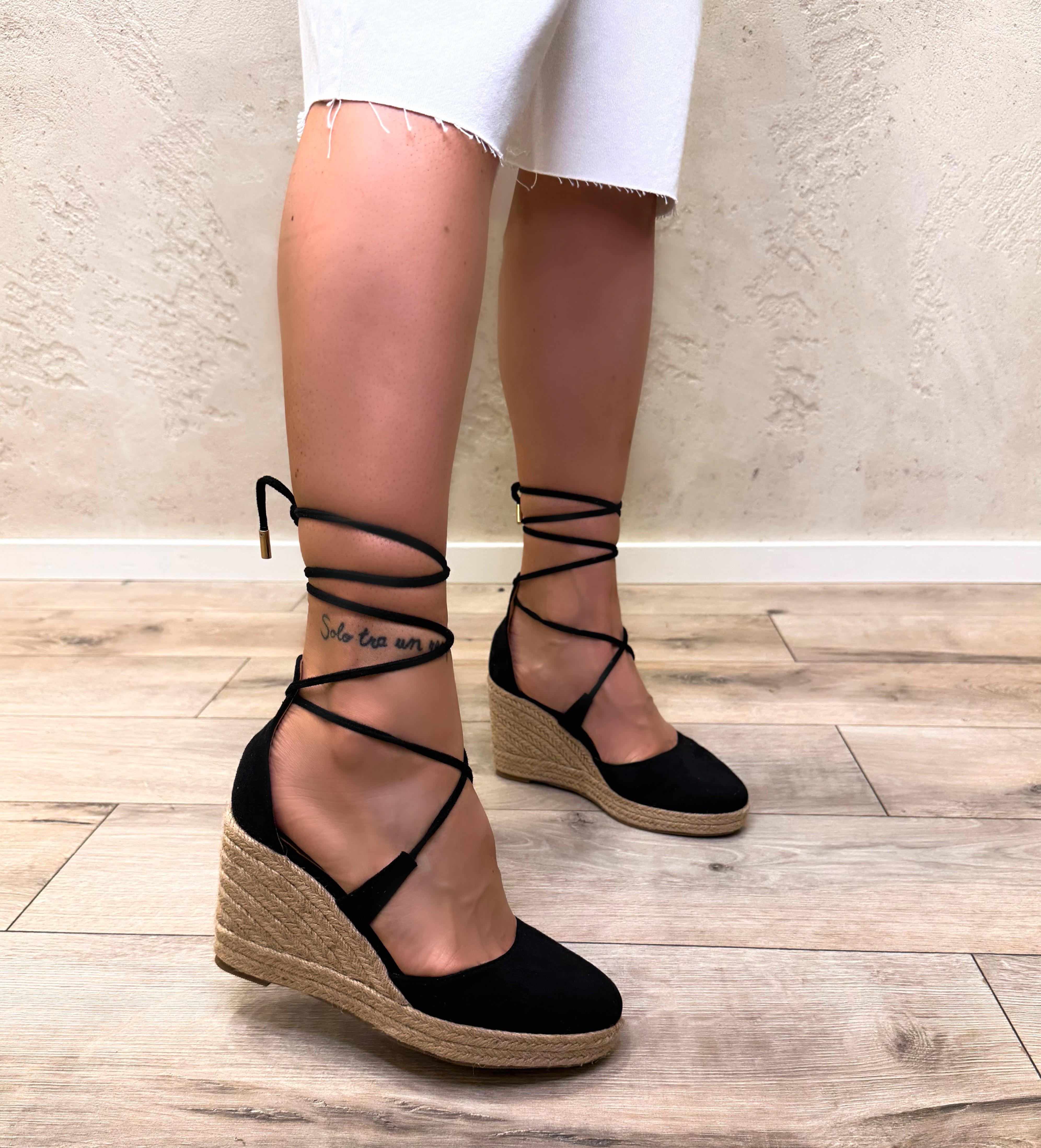 zeppe in pelle con plateau in raffia 14-3714 NERO DIVINE FOLLIE
