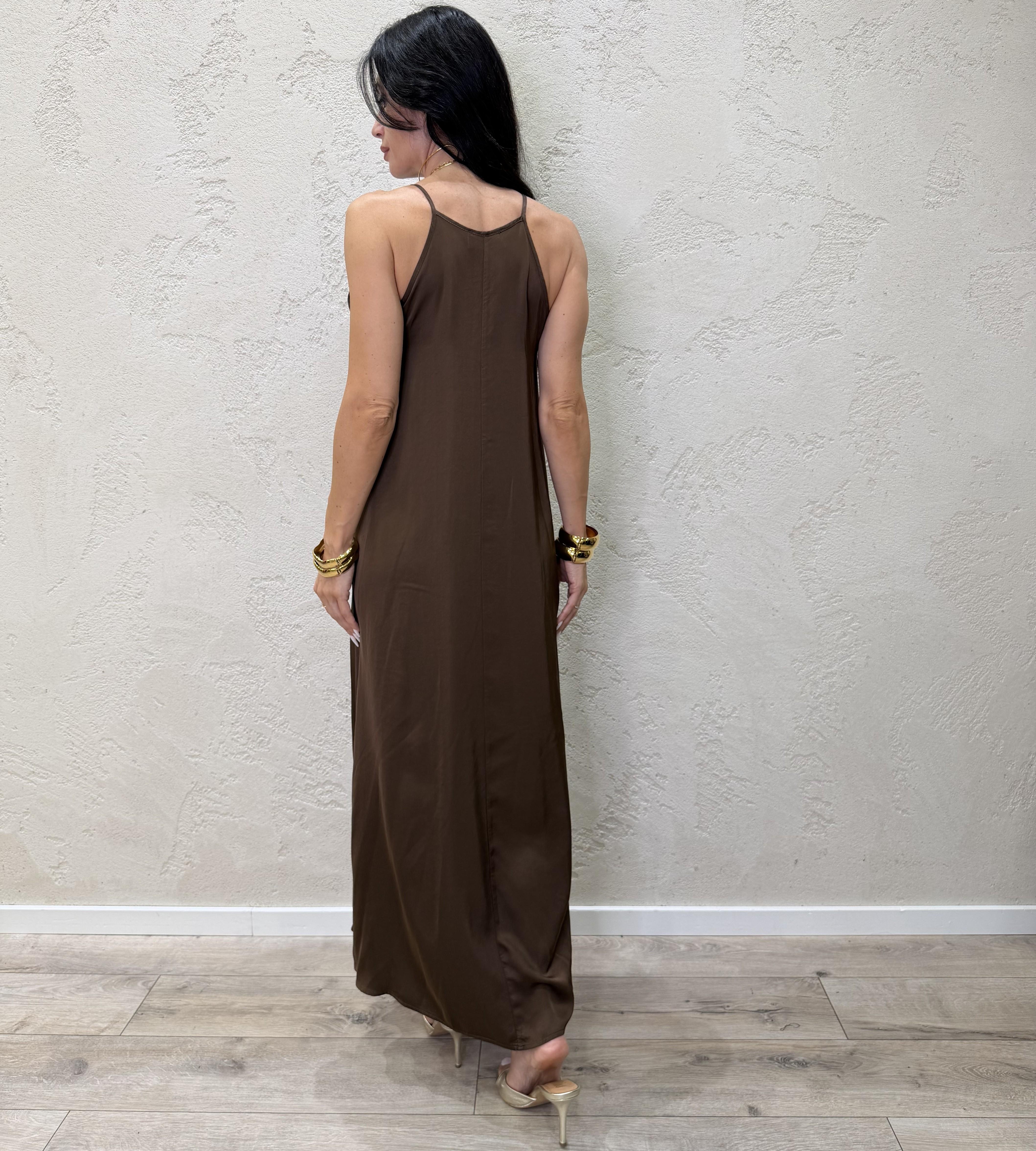 abito svasato in satin scollo all'americana TAB2585 FONDENTE VICOLO