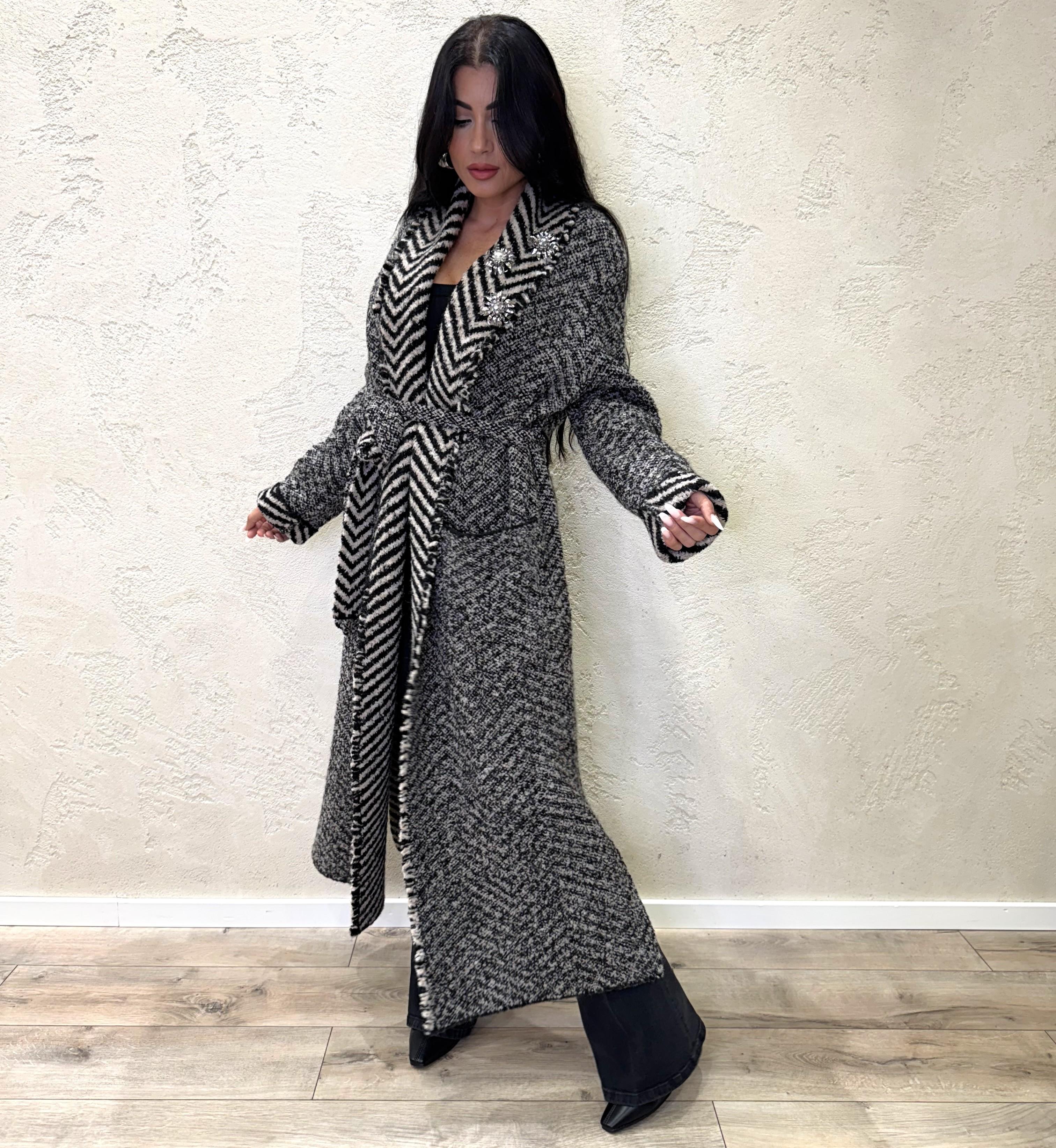 cappotto lungo misto lana con spille gioiello 55001F NERO/BEIGE VICOLO