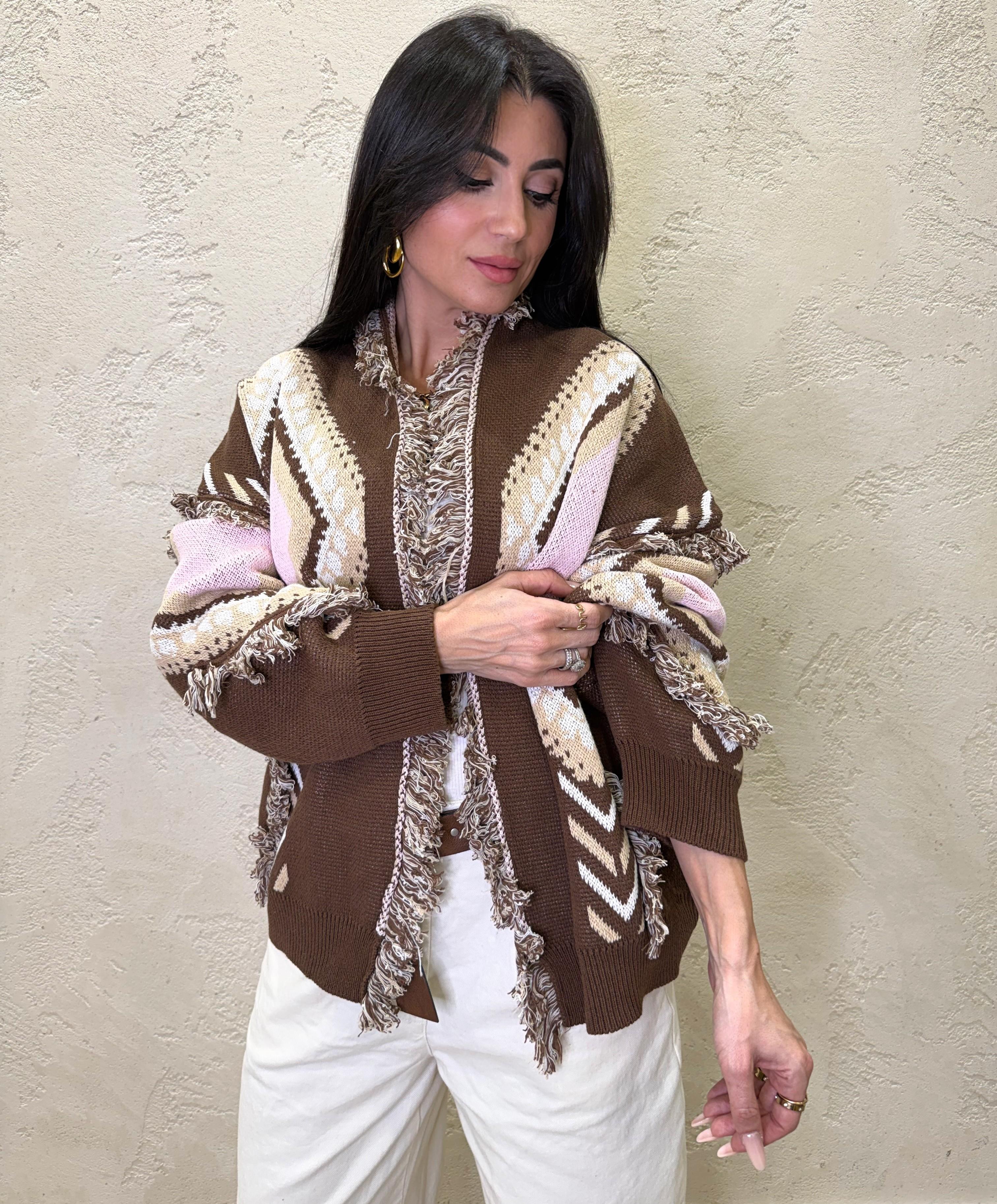 cardigan in maglia aperto con frange P6HMG17A414 CAMEL/ROSA TENSIONE IN
