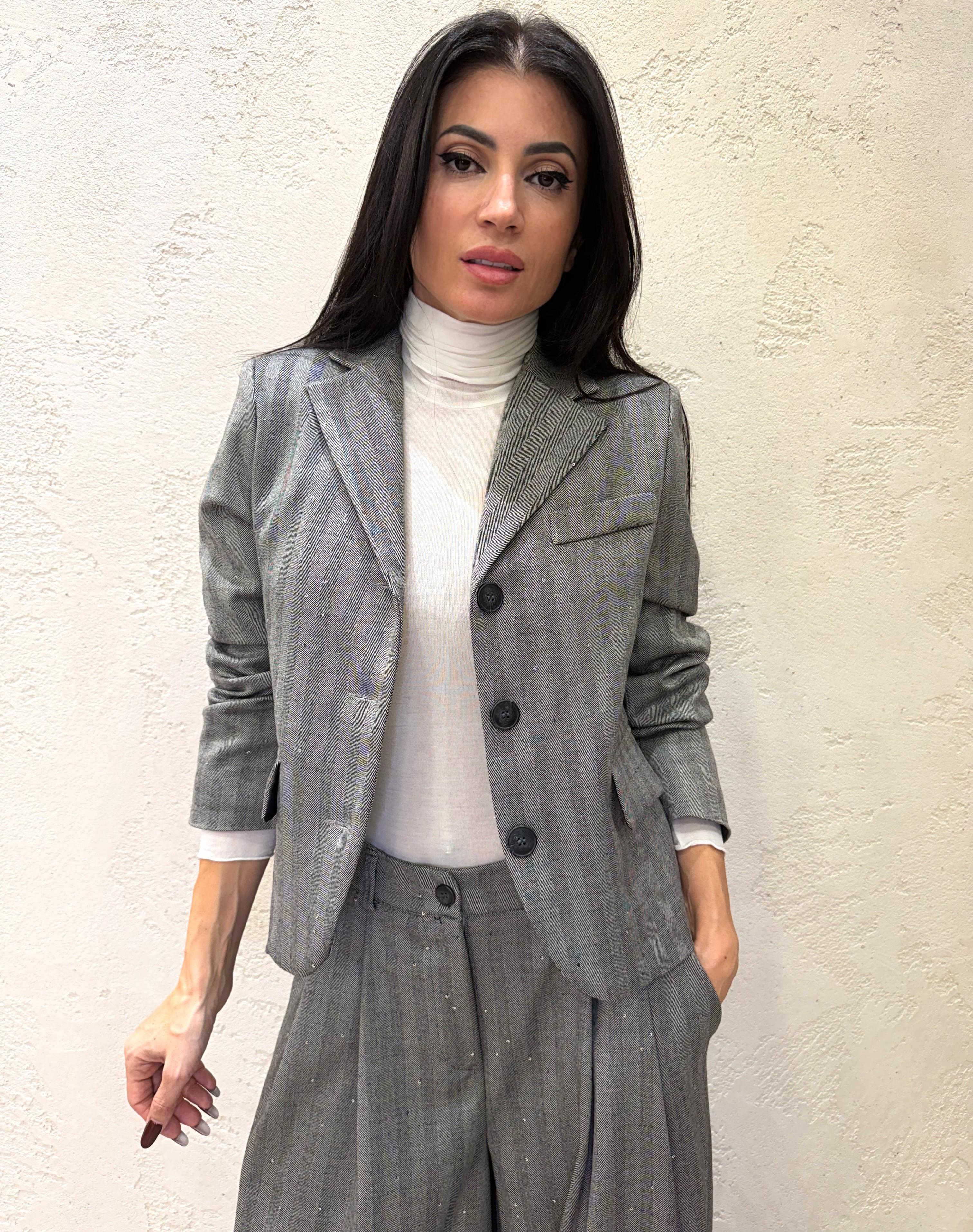 blazer sfiancato a spina di pesce con micro paillettes 1161AI25 GRIGIO TENSIONE IN