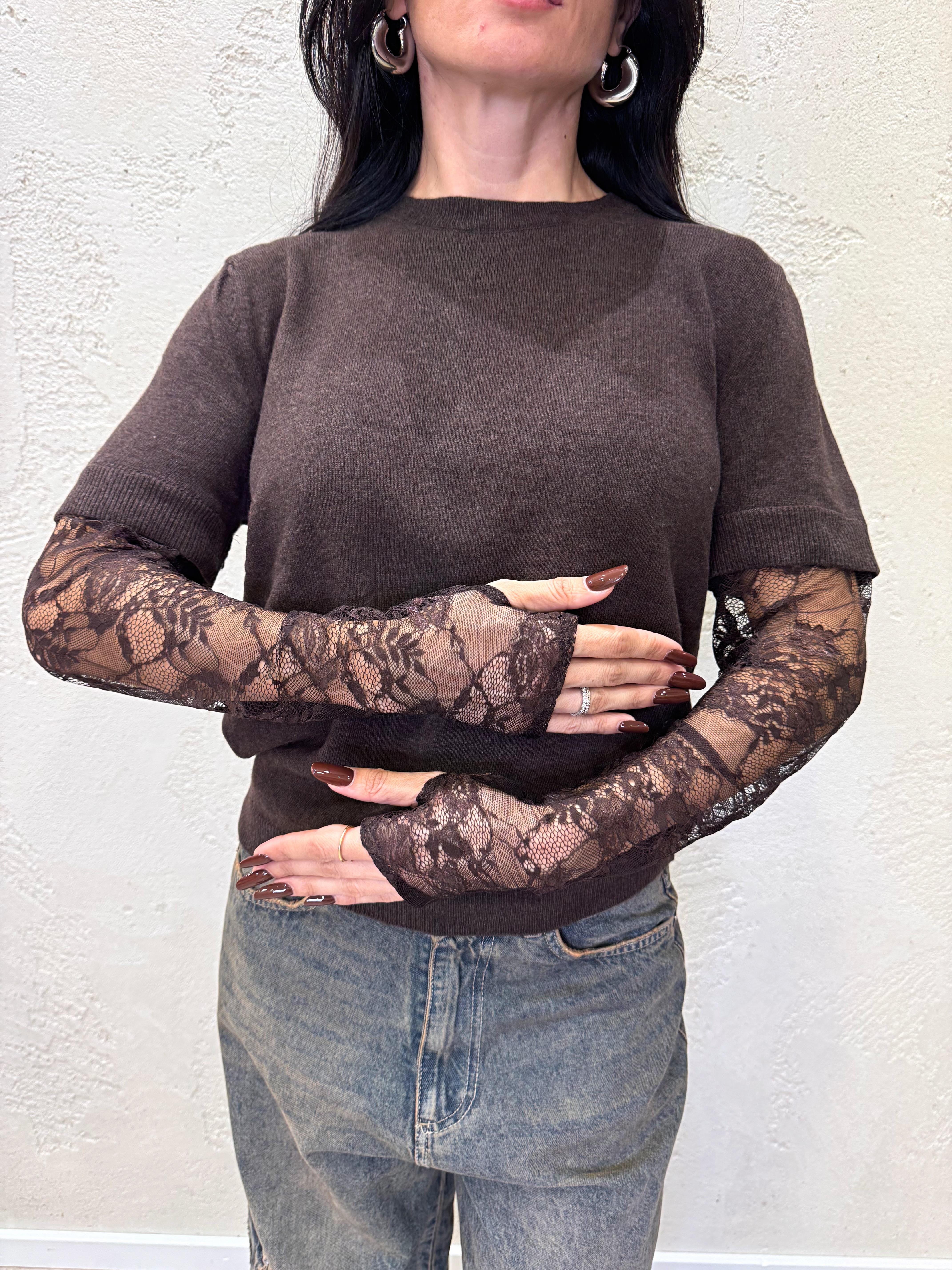 pull misto chashmere con manicotti in pizzo 22199F MORO VICOLO