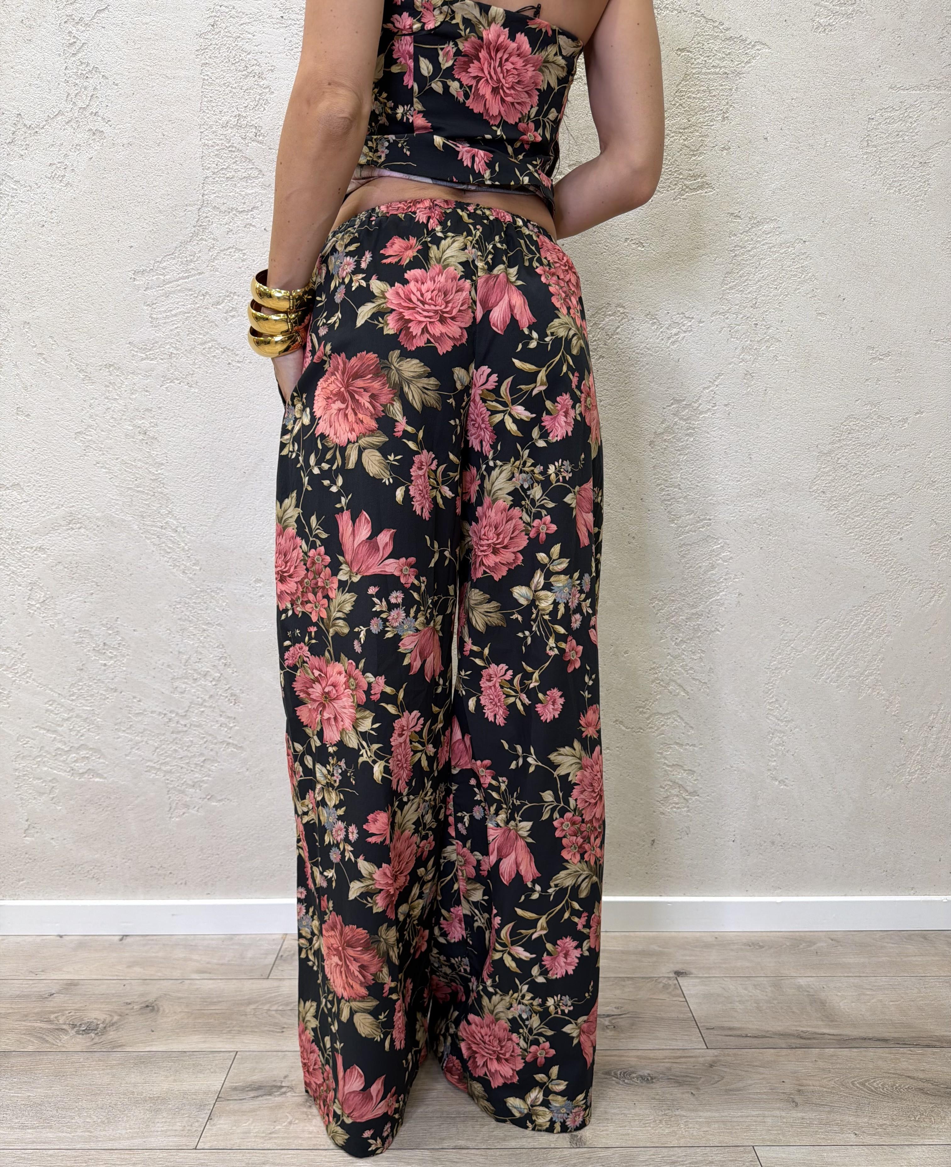 pantalone in 100% cotone modello a palazzo fantsia floreale 39480 NERO TENSIONE IN
