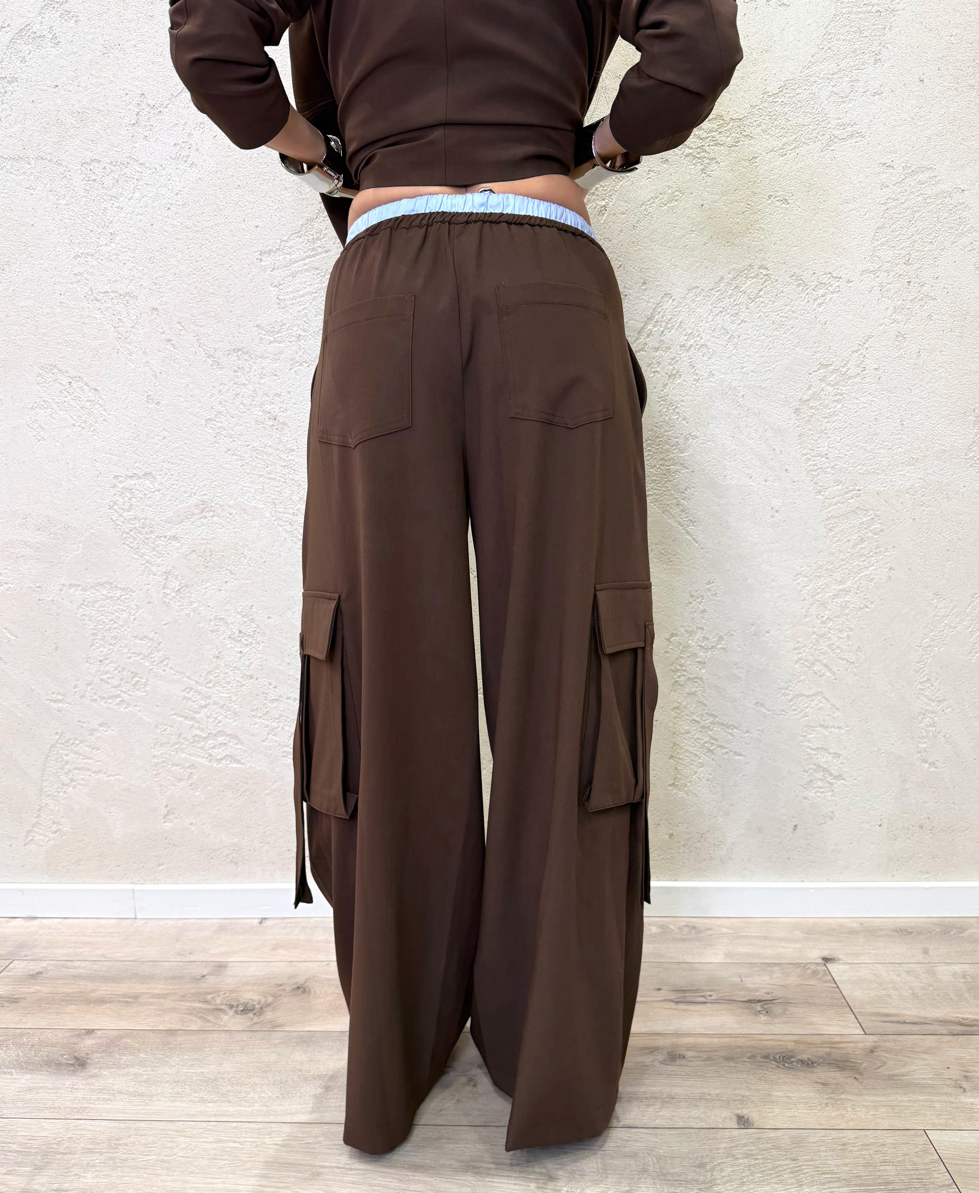 pantaloni cargo a palazzo con vita elasticizzata finto boxer 26P3727 MORO TENSIONE IN