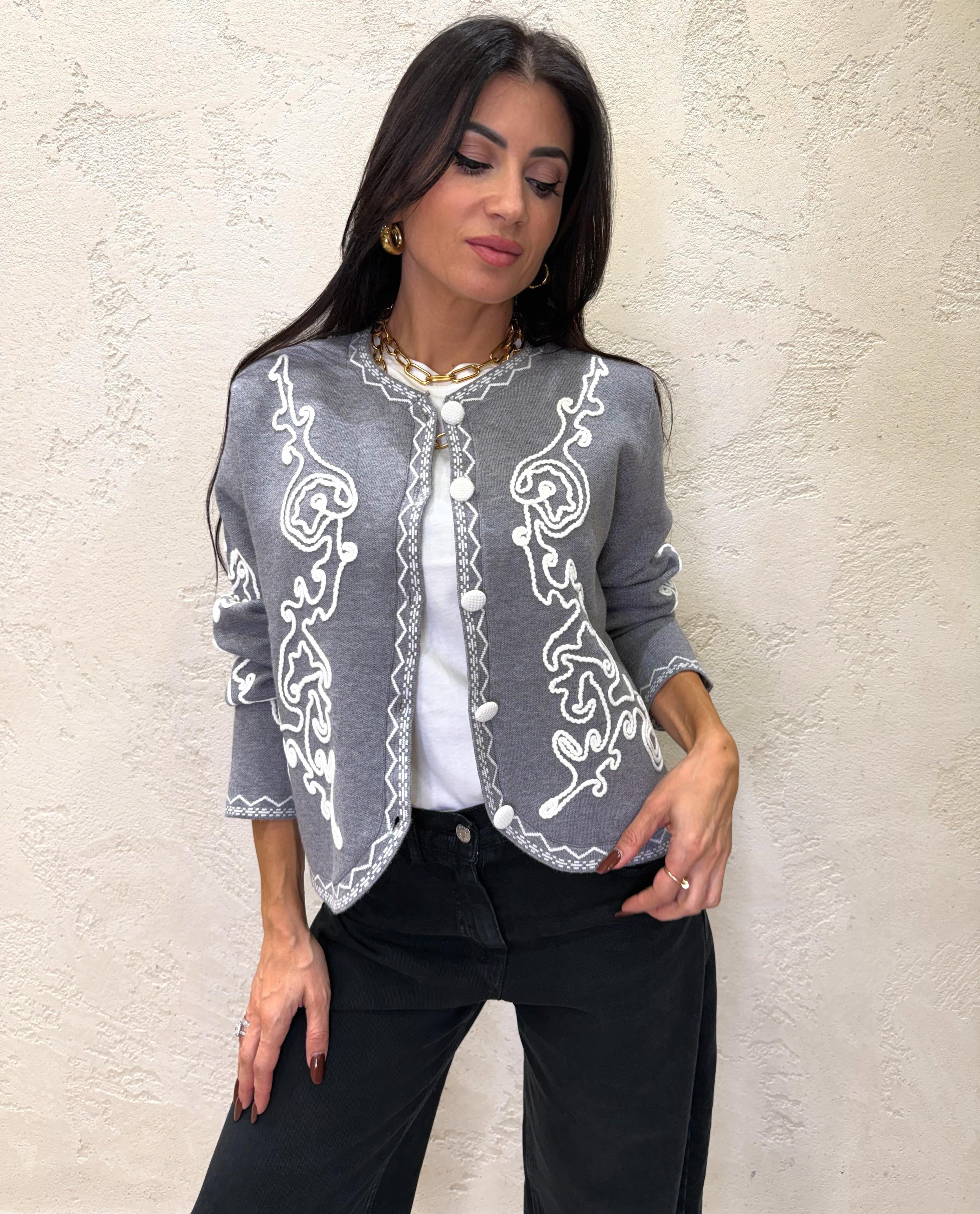 cardigan girocollo con ricamo CARGCDIS GRIGIO/BIANCO ELEVI