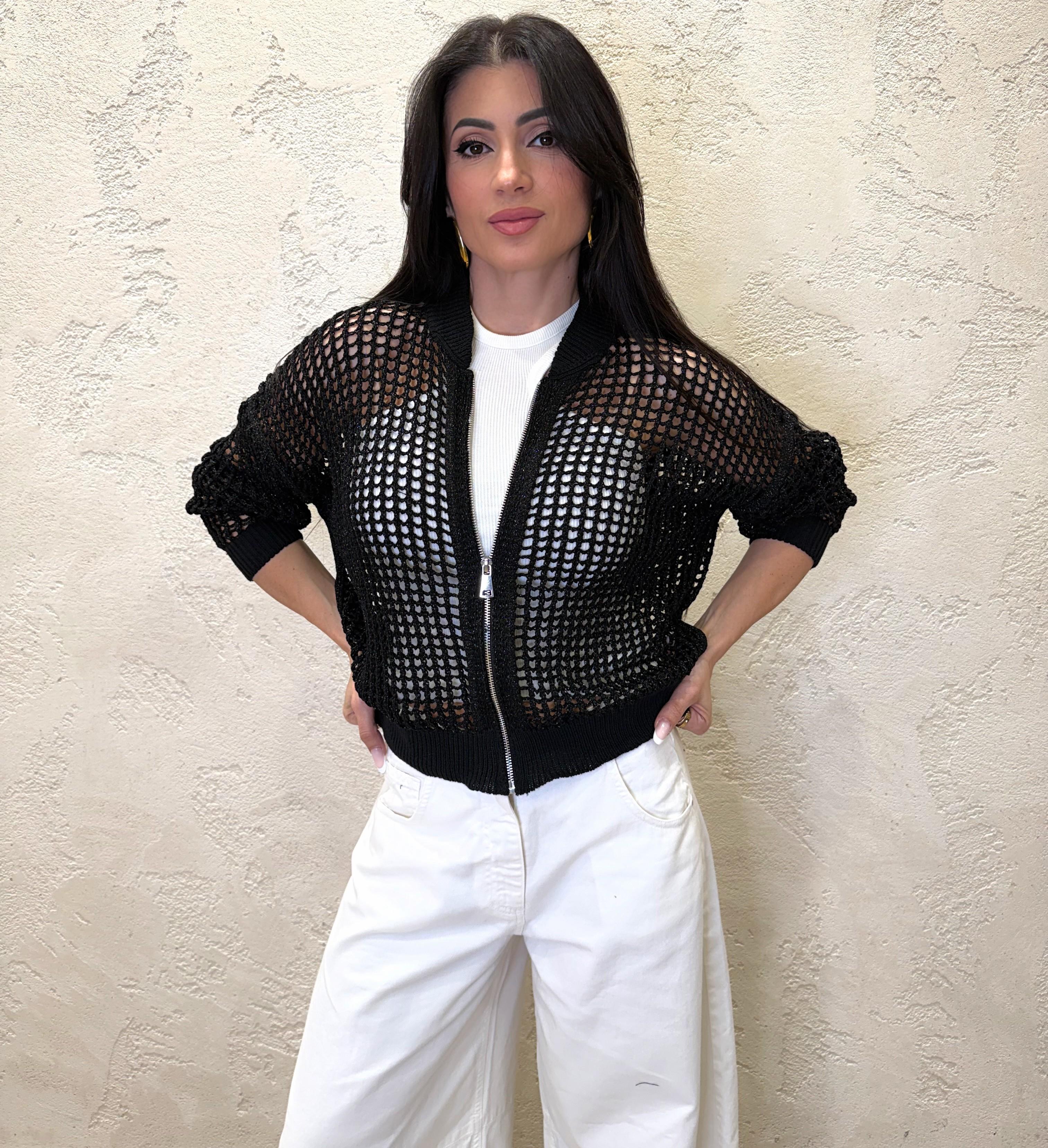 cardigan a bomber in maglia a rete lurex M93060 NERO SUSY MIX