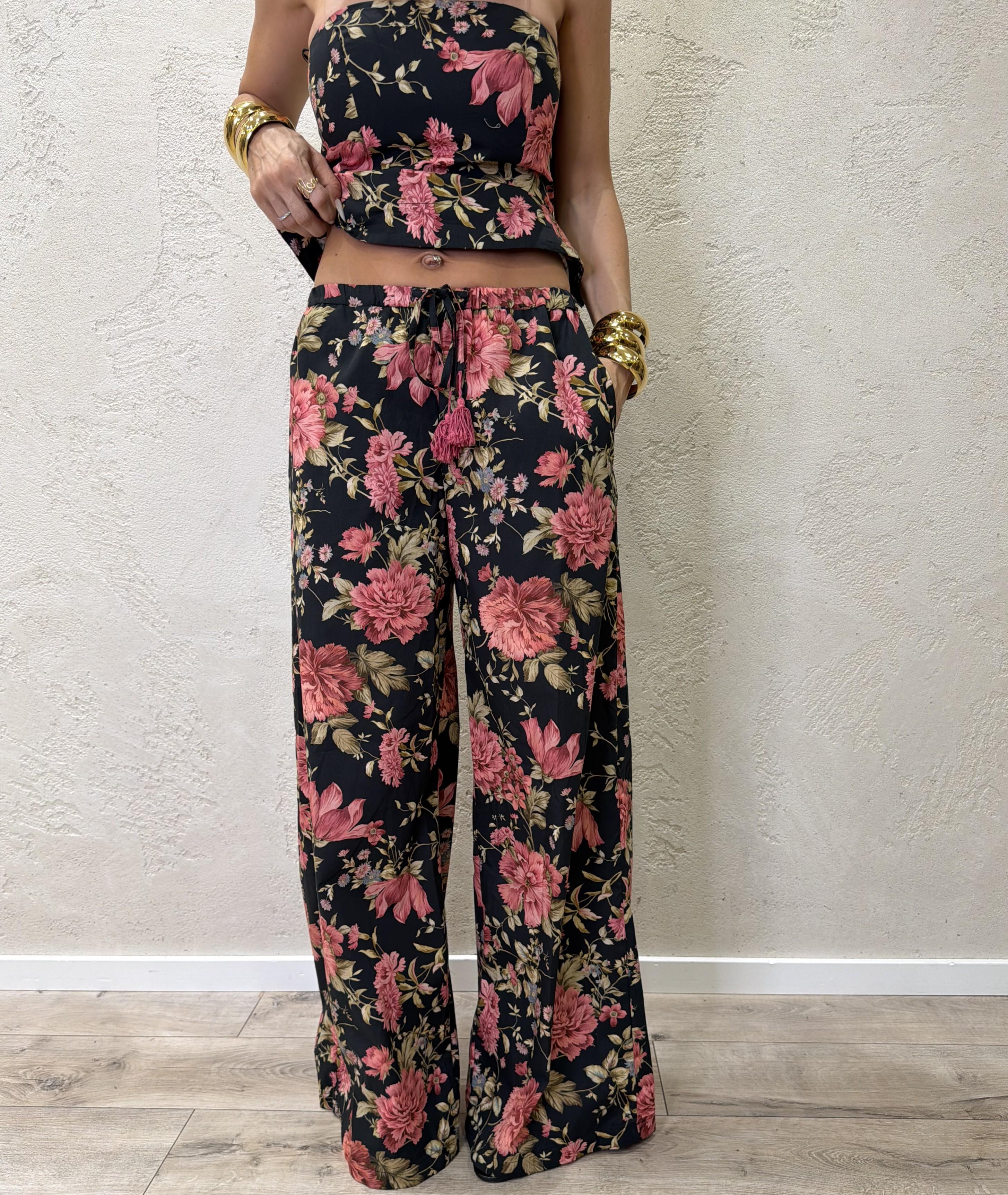 pantalone in 100% cotone modello a palazzo fantsia floreale 39480 NERO TENSIONE IN