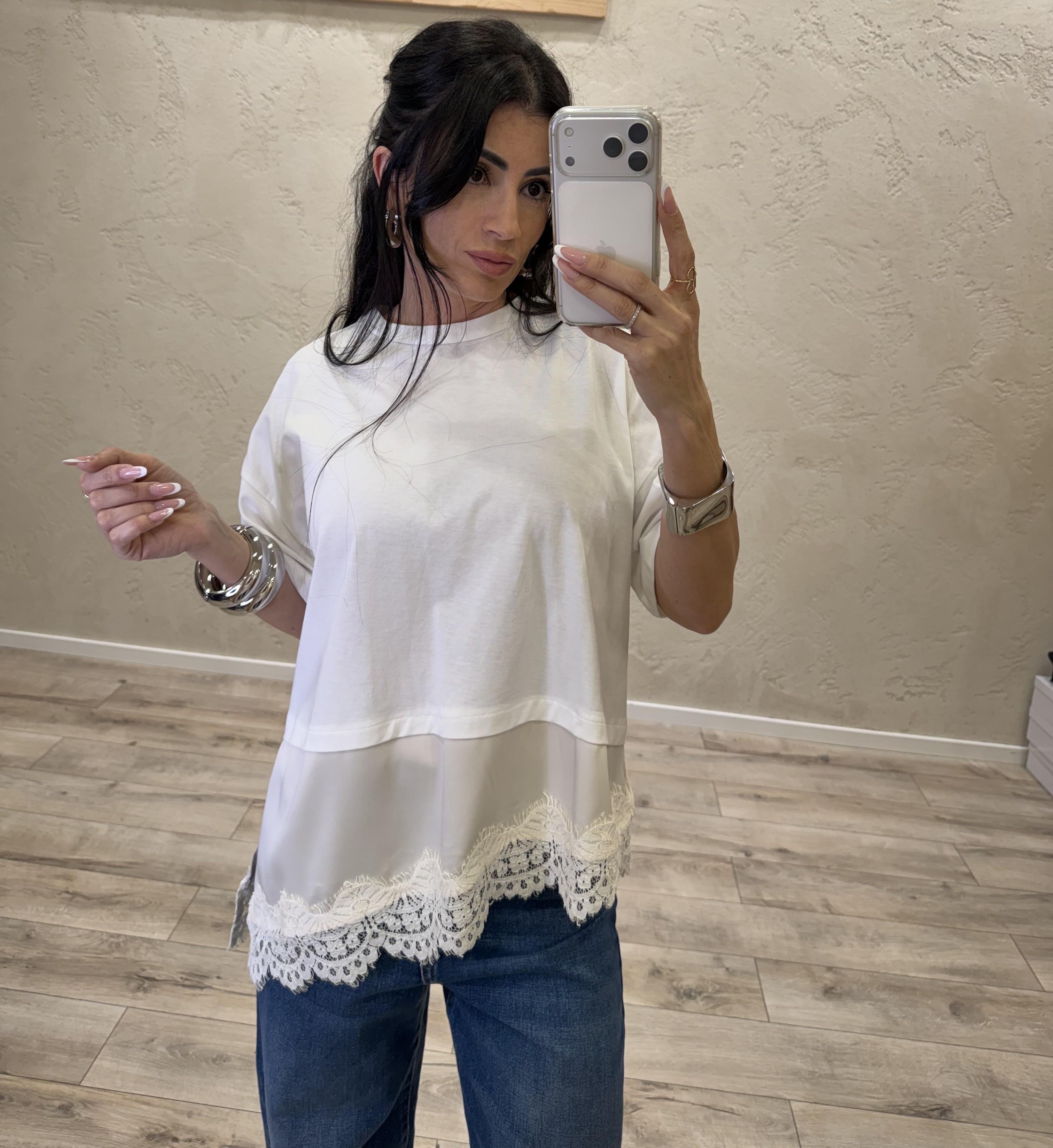 t-shirt a scatoletta con inserto satin e pizzo T262A082 PANNA DIXIE