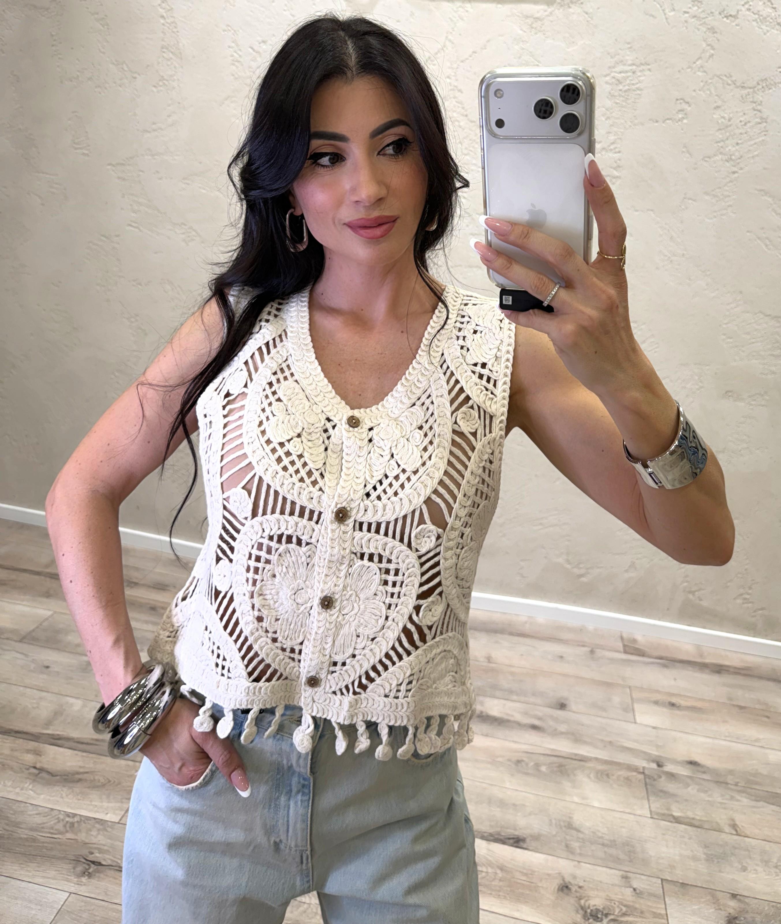 canotta crochet con scollo all'americana 38034 LATTE SUSY MIX