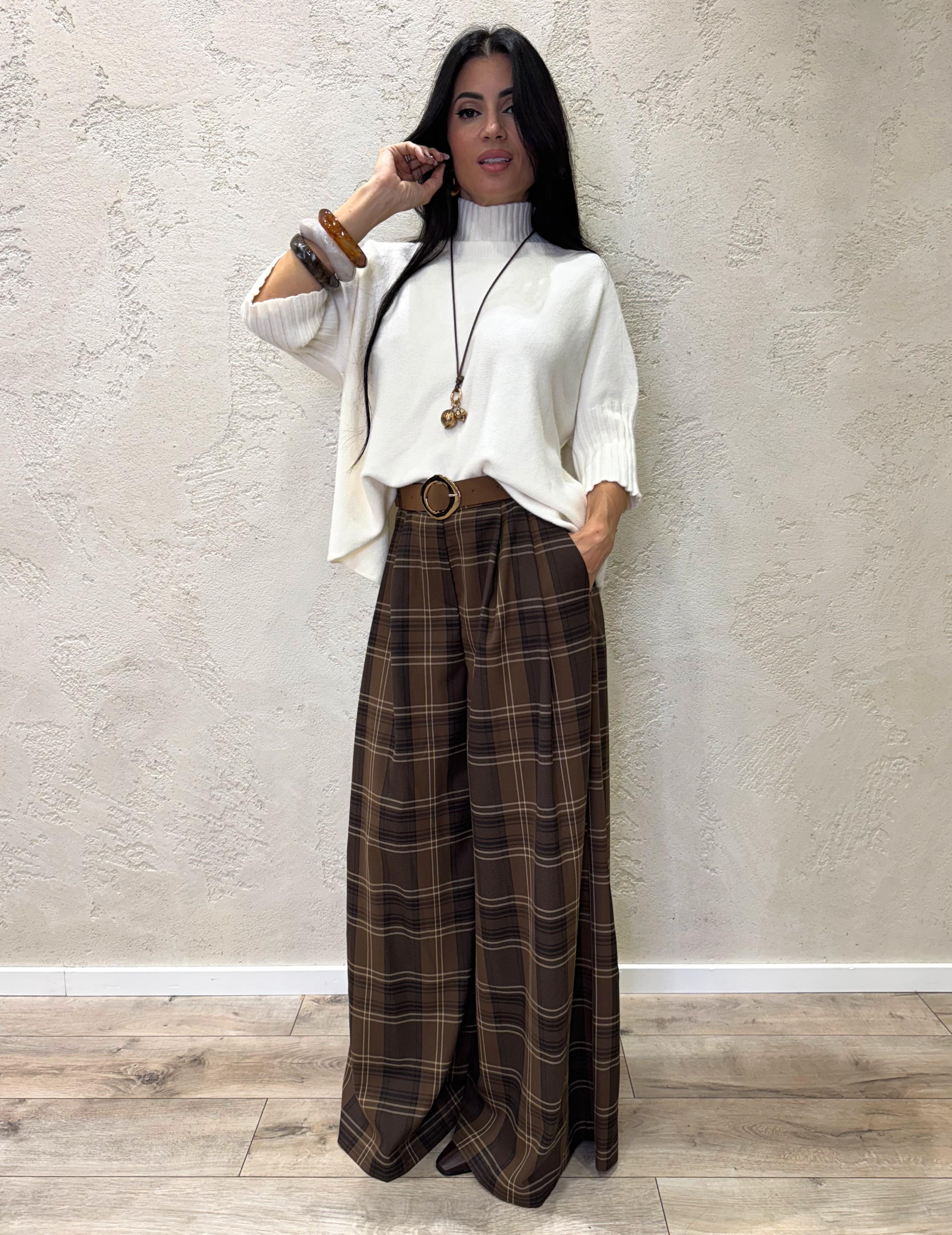 pantalone ampio in check con pinces P7B7KROC MARRONE IMPERIAL